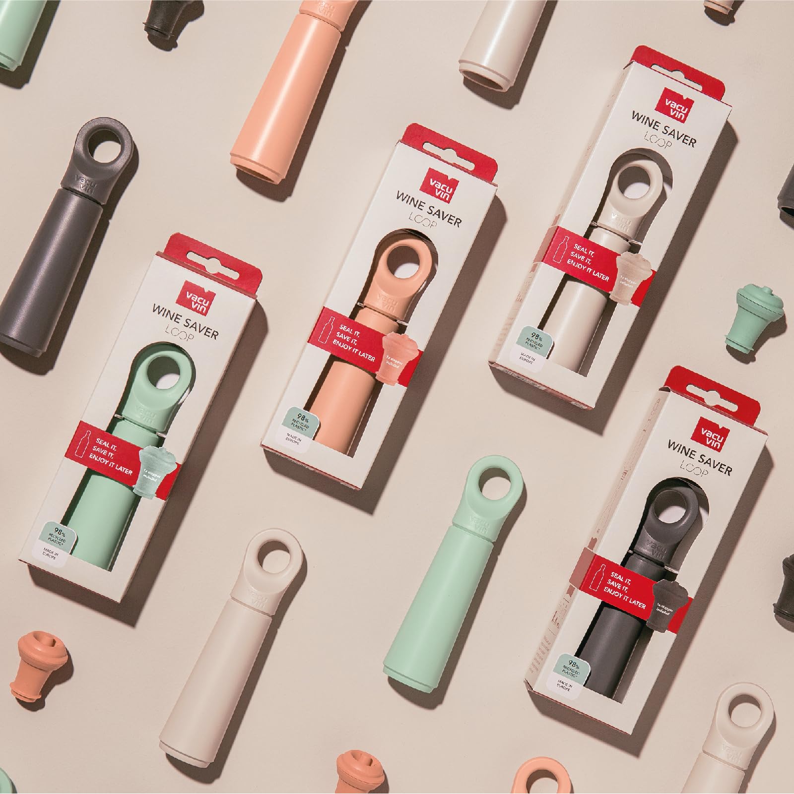 Vacu Vin Wine Saver Loop - Designed and Made in the Netherlands - Vacuum Wine Stopper Keeps Your Wine Fresh for up to 10 Days - Reusable, Made with 98% Recycled Material - 1 Pump, 1 Stopper, Sand