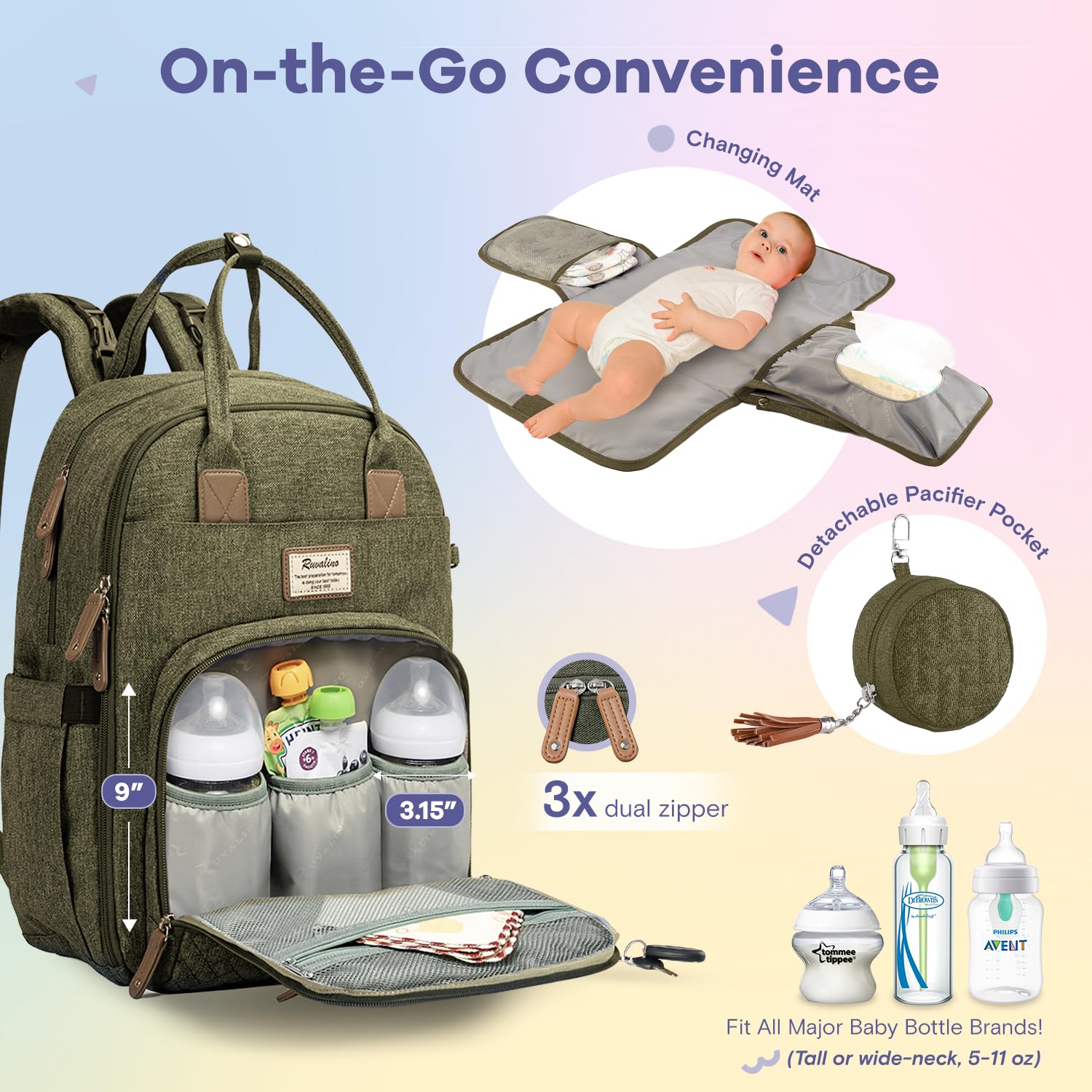 RUVALINO Diaper Bag Backpack, Multifunction Travel Pack Maternity Baby Changing Bags, Large Capacity, Waterproof, Beige