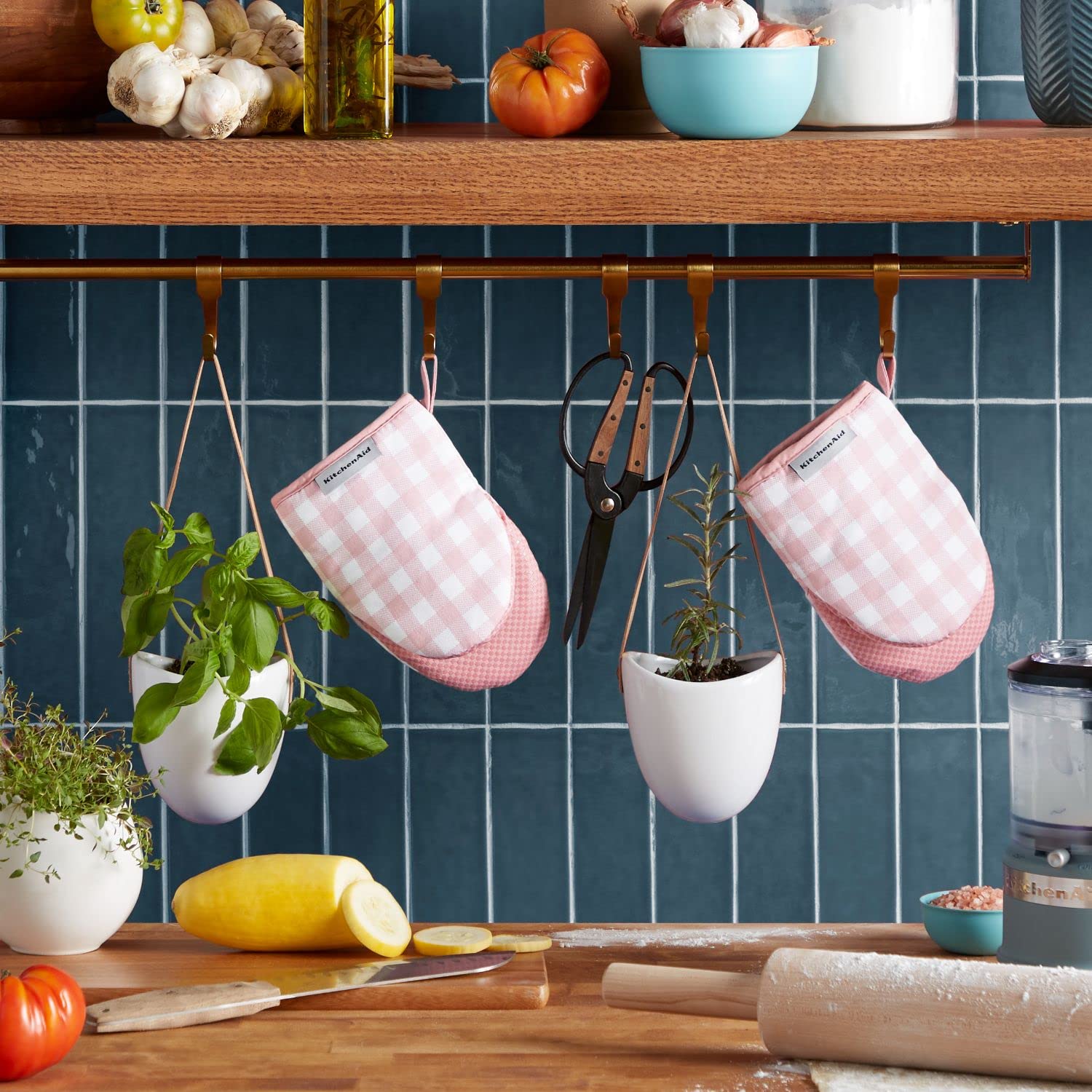 KitchenAid Gingham Mini Oven Mitt 2-Pack Set, Milkshake Tan, 5.5"x8"