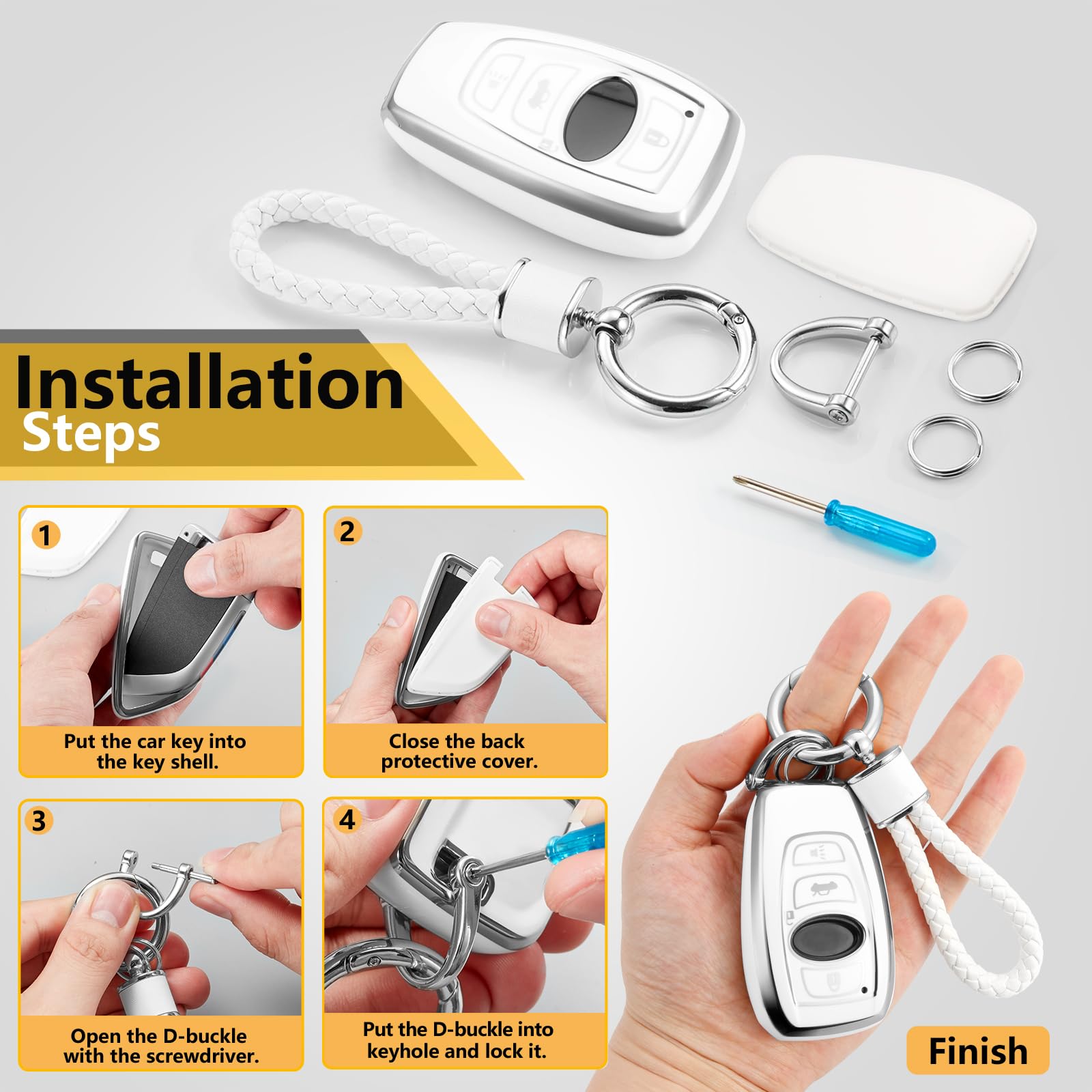 Cadillac Key Fob Cover with Metal Braided Rope Keychain, Upgraded Soft Key Case for 2015-2019 Escalade CTS SRX XT5 ATS STS CT6 (5 Button) (Gold Edge)