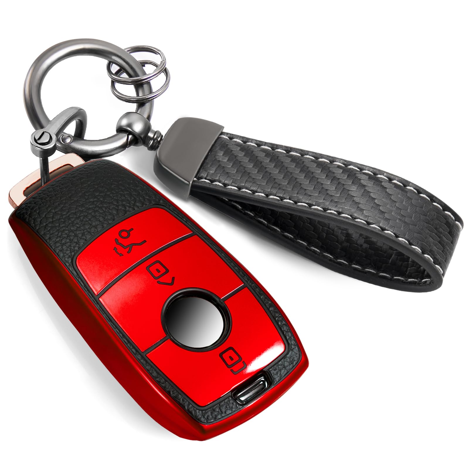 Cadillac Key Fob Cover with Metal Braided Rope Keychain, Upgraded Soft Key Case for 2015-2019 Escalade CTS SRX XT5 ATS STS CT6 (5 Button) (Gold Edge)