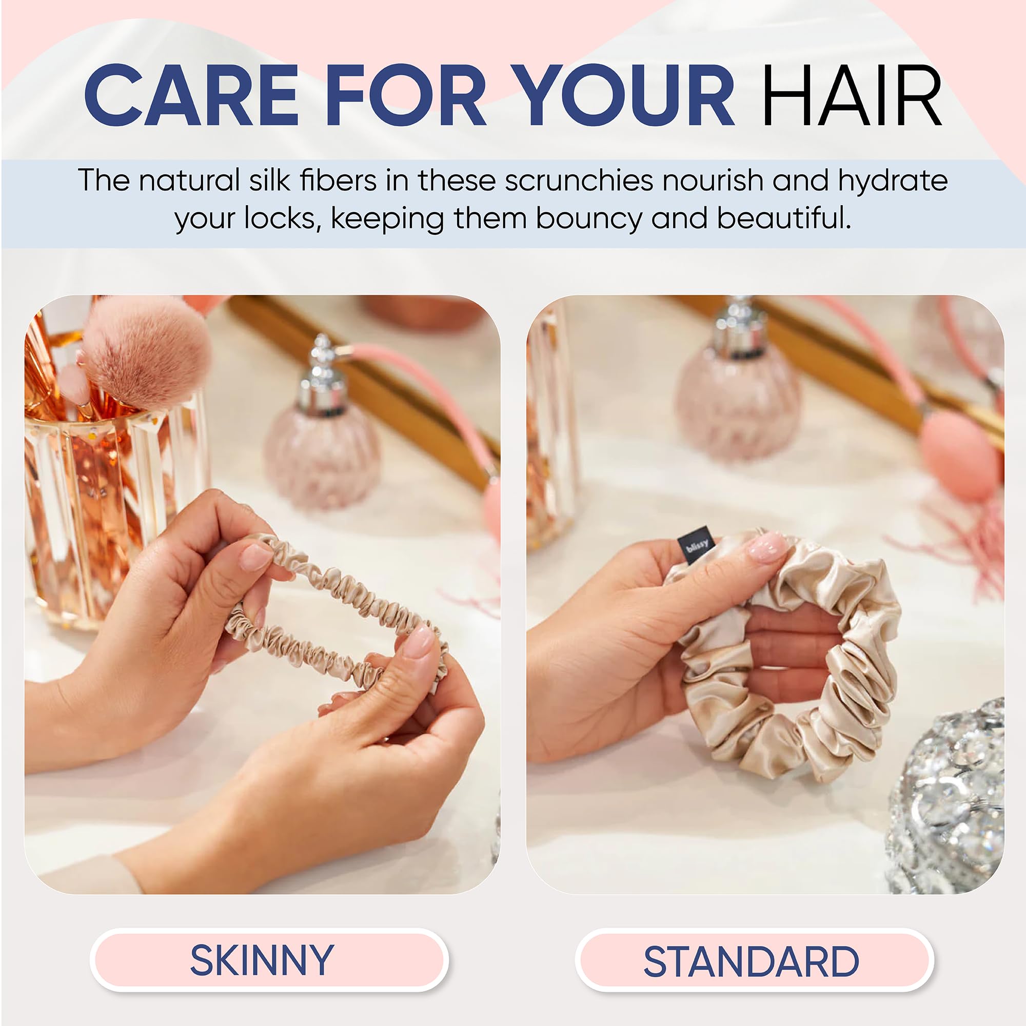 Blissy Silk Scrunchies (3 Pack) - 100% Pure Mulberry Silk - 22 Momme 6A High-Grade Fibers - Silk Scrunchie for Straight & Curly Hair - Preventing Breakage, Tangling, & Creasing (Rose Skinny)