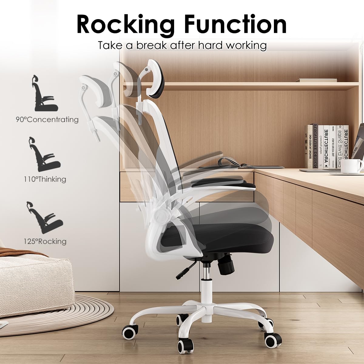 Farini Ergonomic Office Chair, Home Office Desk Chair with Headrest, High Back Computer Chair with Flip-up Armrests and Adjustable Lumbar Support for Home Office Study Bedroom, Khaki.