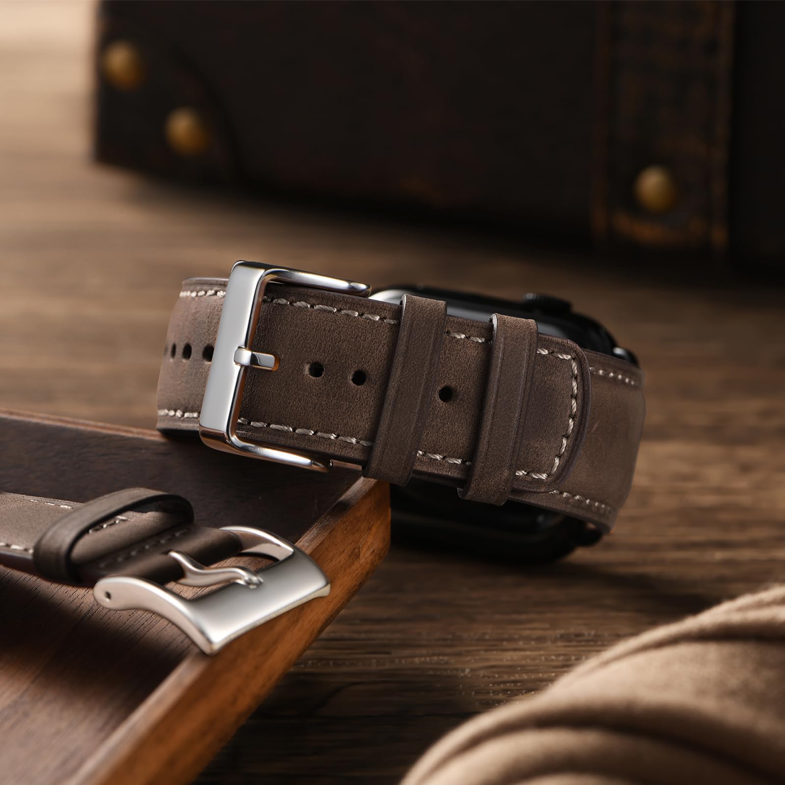 Bestig Compatible with Apple Watch Band 49mm 46mm 45mm 44mm 42mm(Series 3 2 1) Apple Watch Leather Bands Genuine Leather for iWatch Strap Ultra Series 10 9 8 7 6 5 4 SE Women Man-Redbrown/Black