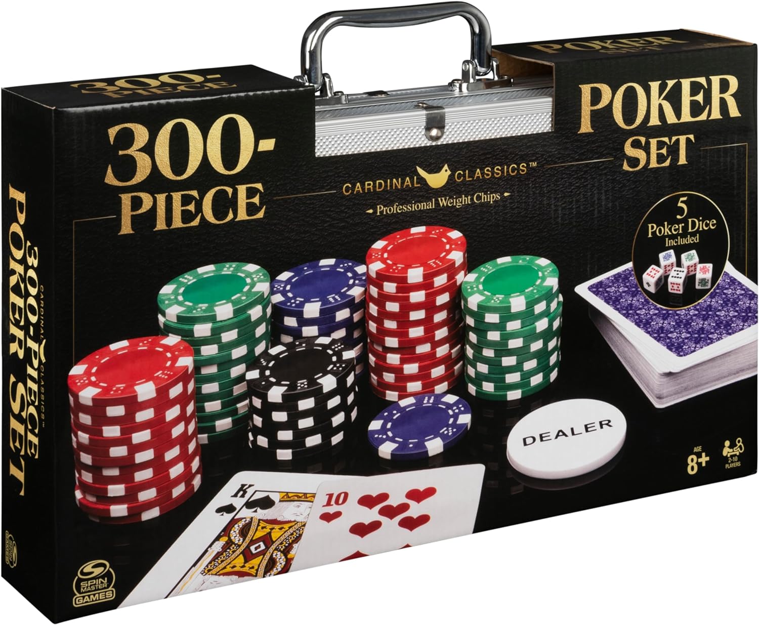 Cardinal Classics, 300-Piece Poker Set with Aluminum Carrying Case & Professional Weight Chips Plus 5 Poker Dice, Casino Game for Adults and Kids Ages 8 and up