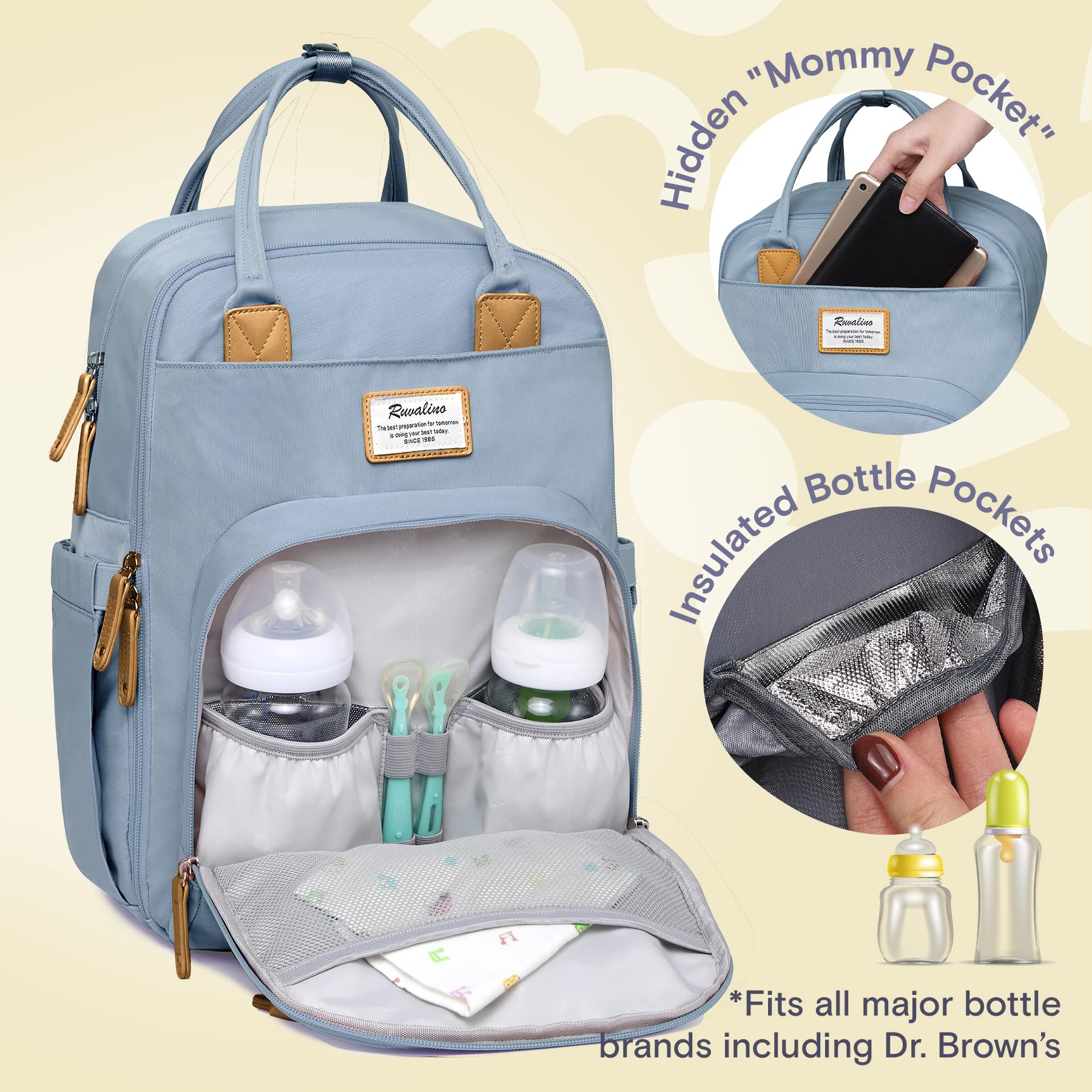 RUVALINO Diaper Bag Backpack, Multifunction Travel Pack Maternity Baby Changing Bags, Large Capacity, Waterproof, Beige
