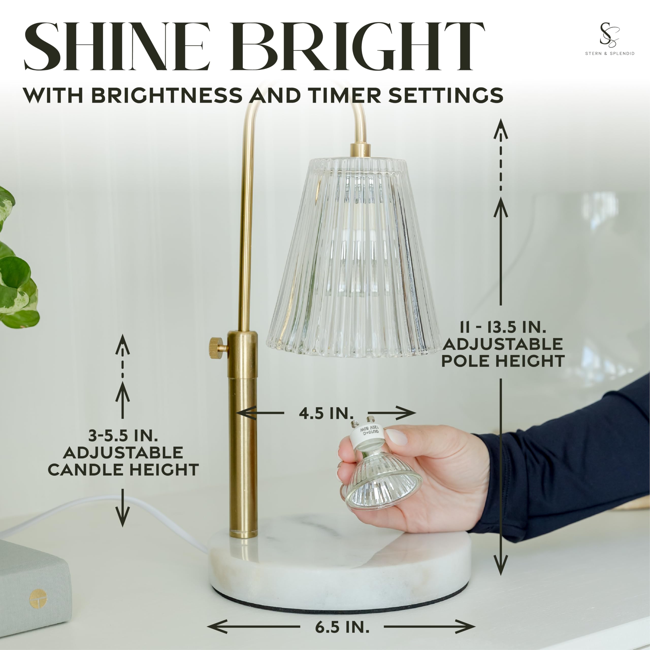 Flameless Candle Warmer Lamp for Jar Candles Large & Small – Dimmable Lamp Candle Warmer Electric with Large Marble Base & Adjustable Height – Candle Melter with Timer and 4 Halogen Light Bulbs