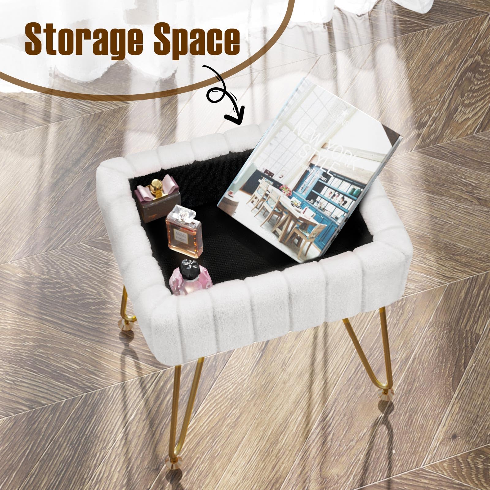 Greenstell Vanity Stool Chair Faux Fur with Storage, 19.4" H x 15.7" L x 11.8" W Soft Ottoman 4 Metal Legs with Anti-Slip Feet, Furry Padded Seat, Modern Multifunctional Chairs for Makeup, Bedroom