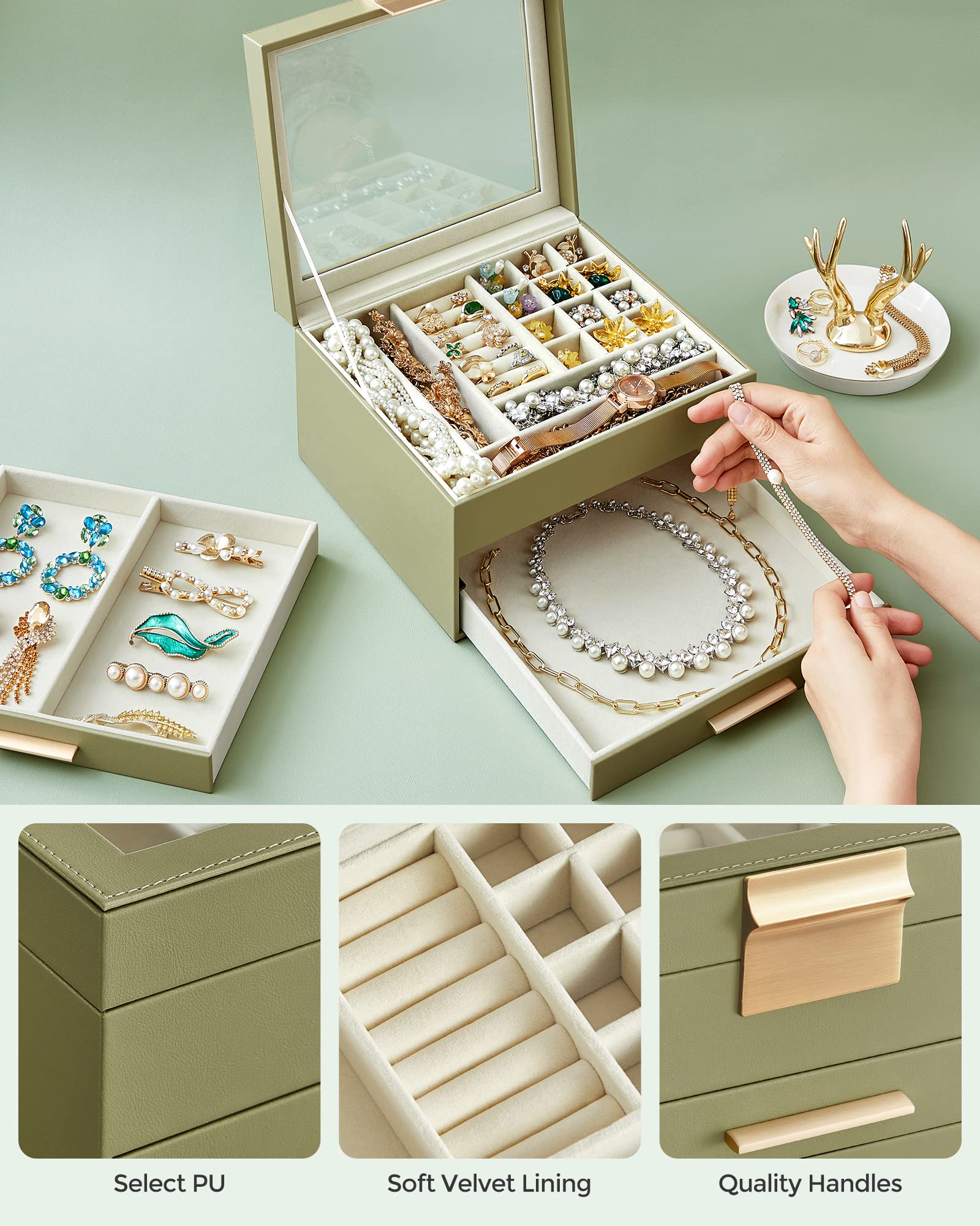SONGMICS Jewelry Box with Glass Lid, 3-Layer Jewelry Organizer, 2 Drawers, for Big and Small Jewelry, Jewelry Storage, Modern Style, 8 x 9.1 x 5.3 Inches, Cloud White and Gold Color UJBC239WT
