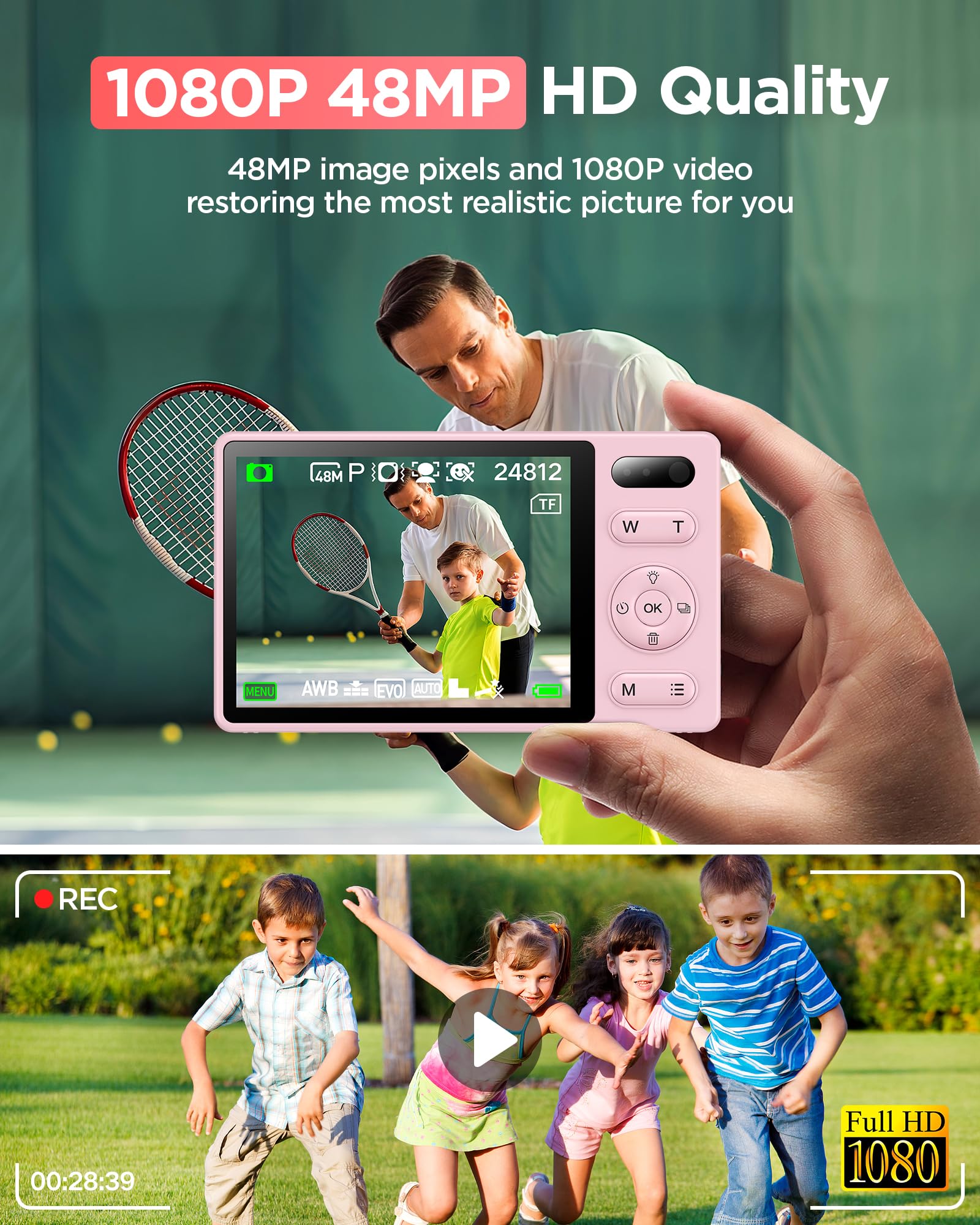 64GB Digital Camera for Kids: 48MP Anti-Shake Camera Photography Vlogging Camera for YouTube 16X Digital Zoom Photo Filtration Continuous Shooting Self-Timer Autofocus Compact Camera
