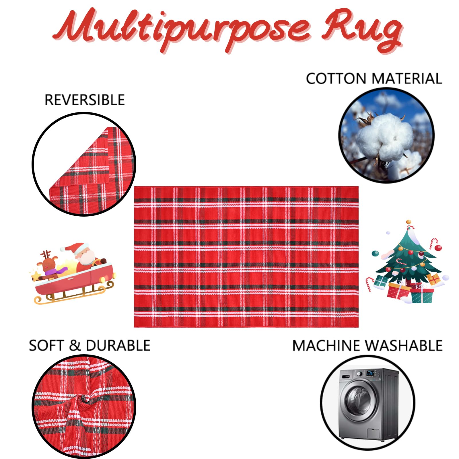 Christmas Red and White Plaid Rug - 28 x 43 Inches Outdoor Front Door Decor Mat Cotton Washable Hand-Woven Rug Christmas New Year Holiday Porch Entryway Layered Doormat