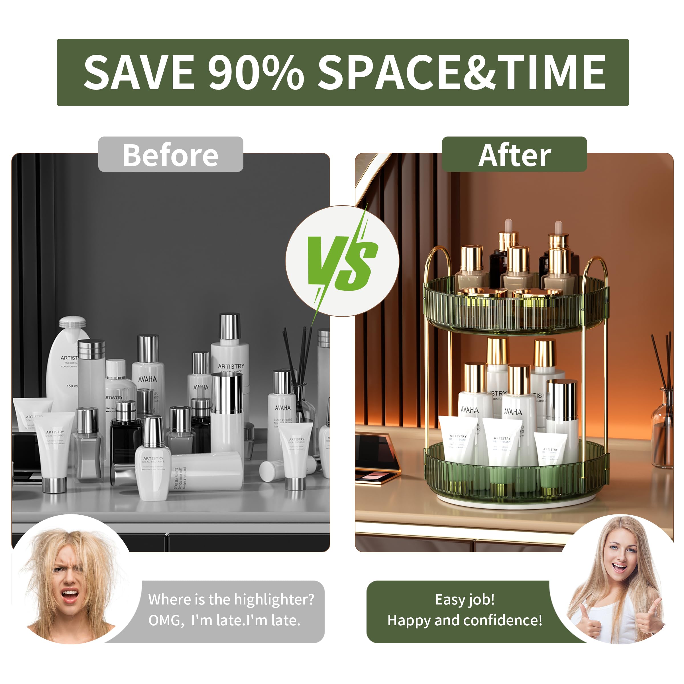 YCIA&DONE 360 Rotating Makeup Organizer and Storage for Vanity Bathroom Countertop, High Capacity Cosmetic Skincare Perfume Organizer for Dresser Lazy Susan Organizers(Clear White,2 Tiers)