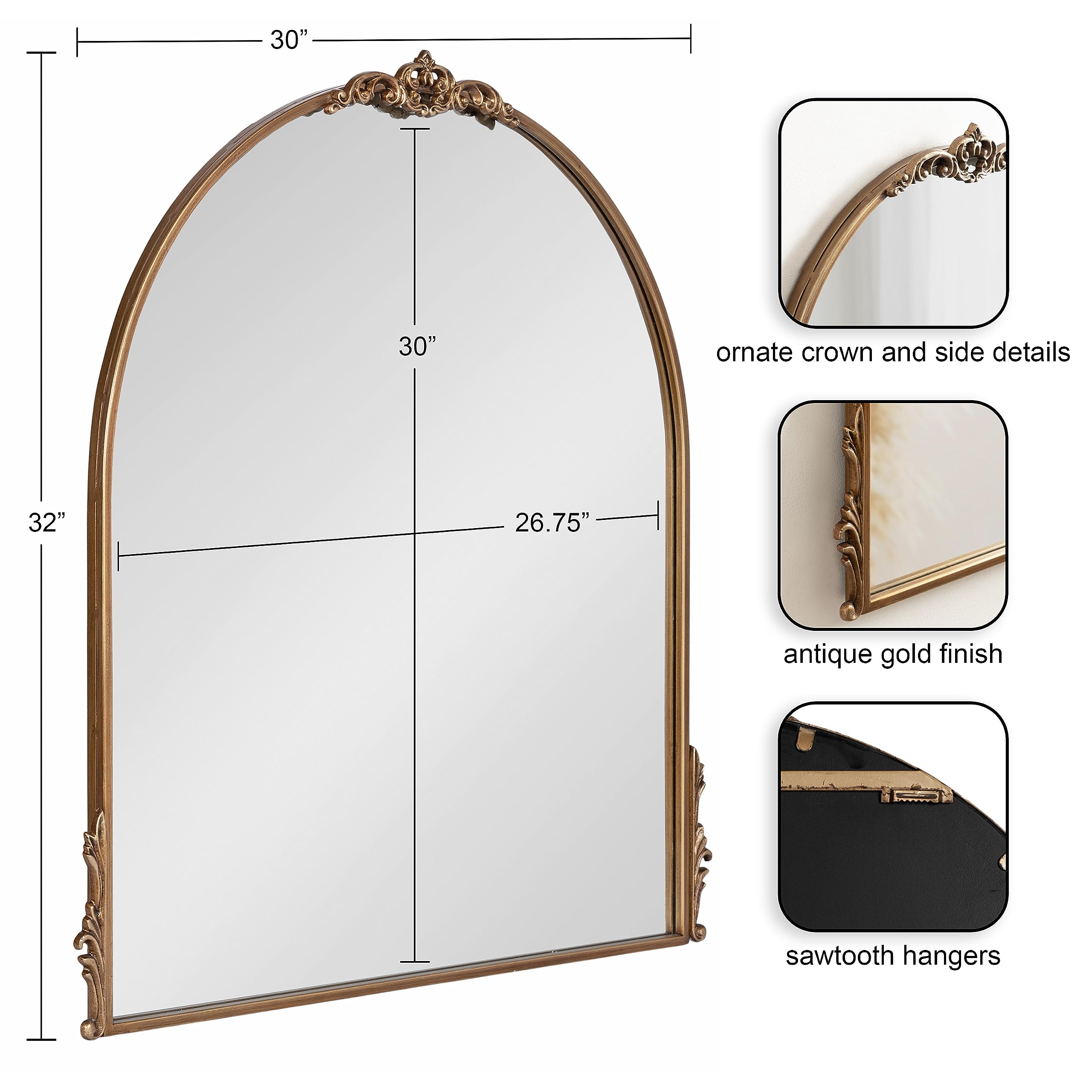 Kate and Laurel Myrcelle Traditional Arched Mirror, 25 x 33, Gold, Decorative Large Arch Mirror with Ornate Garland Detailing Along The Crown and Edges of The Frame
