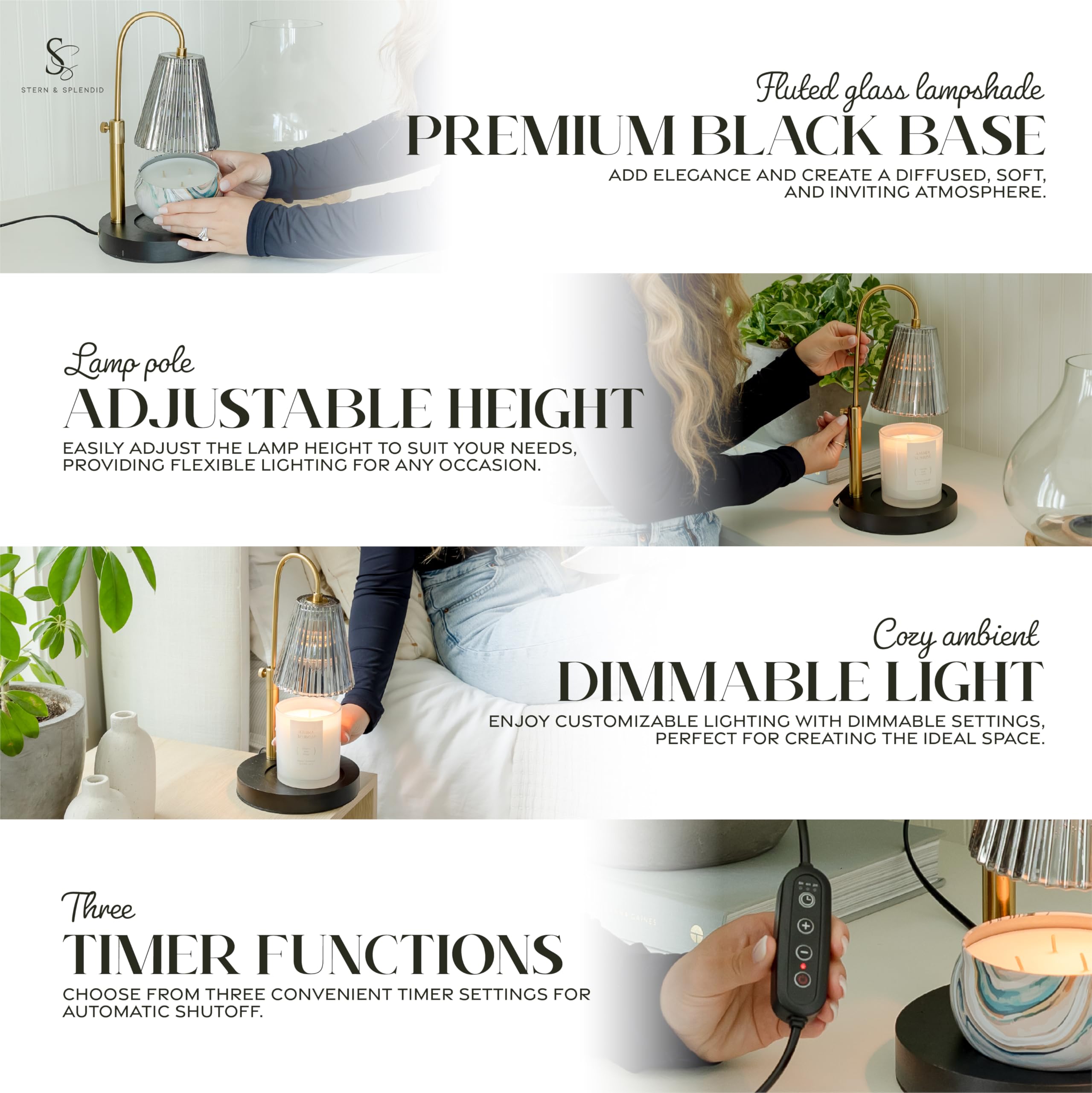 Flameless Candle Warmer Lamp for Jar Candles Large & Small – Dimmable Lamp Candle Warmer Electric with Large Marble Base & Adjustable Height – Candle Melter with Timer and 4 Halogen Light Bulbs