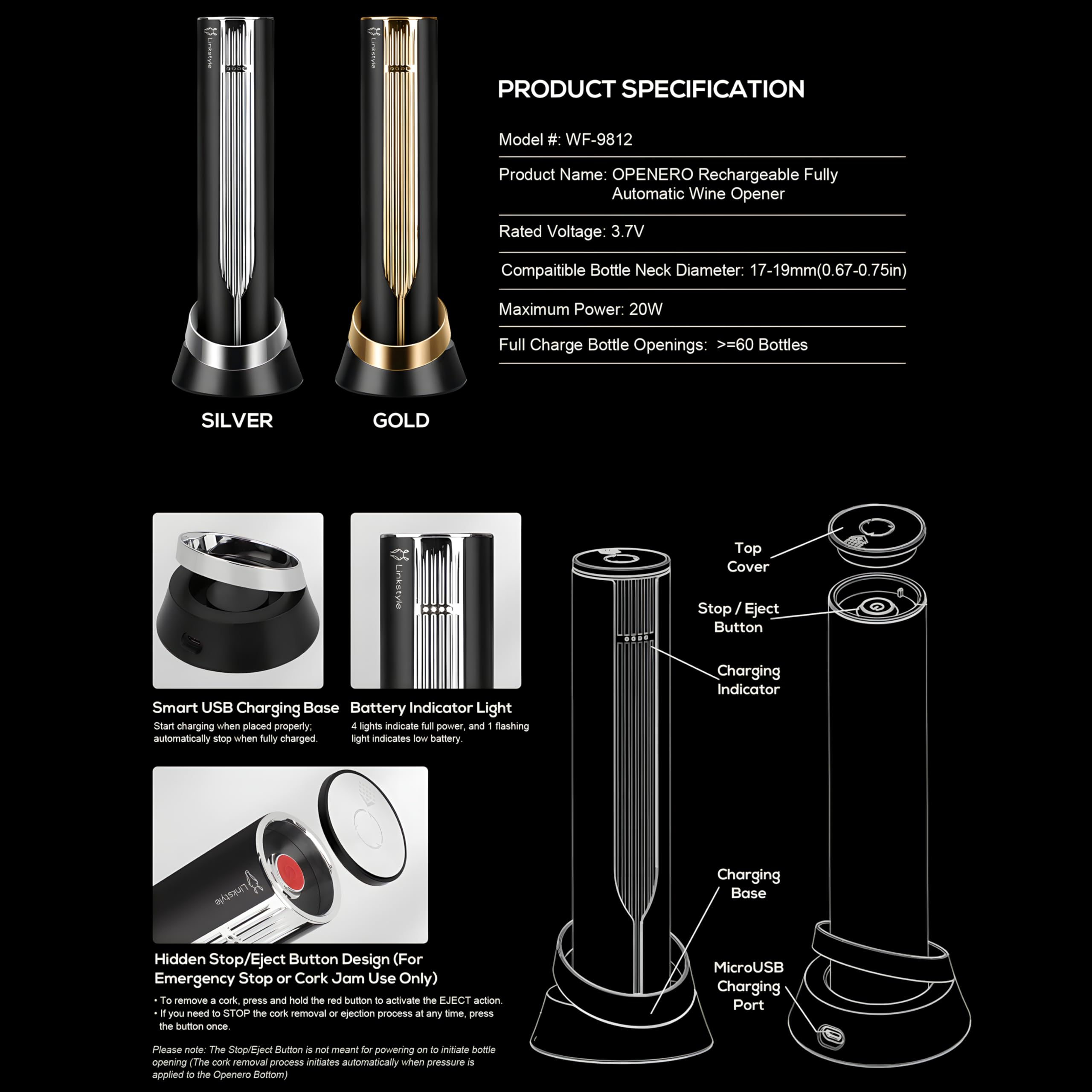 LINKSTYLE OPENERO Electric Wine Bottle Opener, Luxury Automatic Wine Corkscrew with Foil Cutter and Charging Base, Premium Metals with Elegant Gift Box, Home Bar Accessories for Wine Lovers, Gold