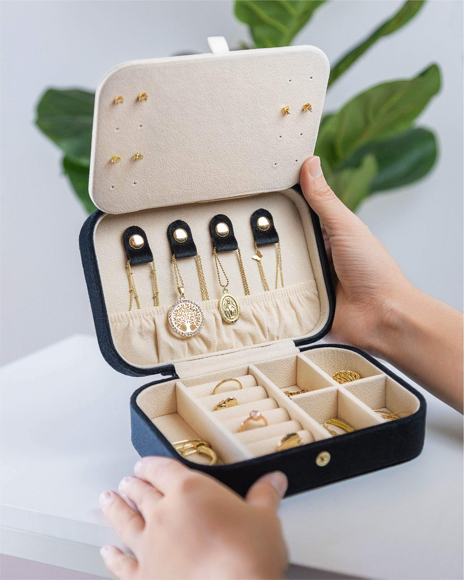 Benevolence LA Plush Velvet Travel Jewelry Storage Box | Travel Jewelry Case Small Jewelry Box for Women | Jewelry Travel Organizer | Earring Organizer with Mirror - Dusty Pink