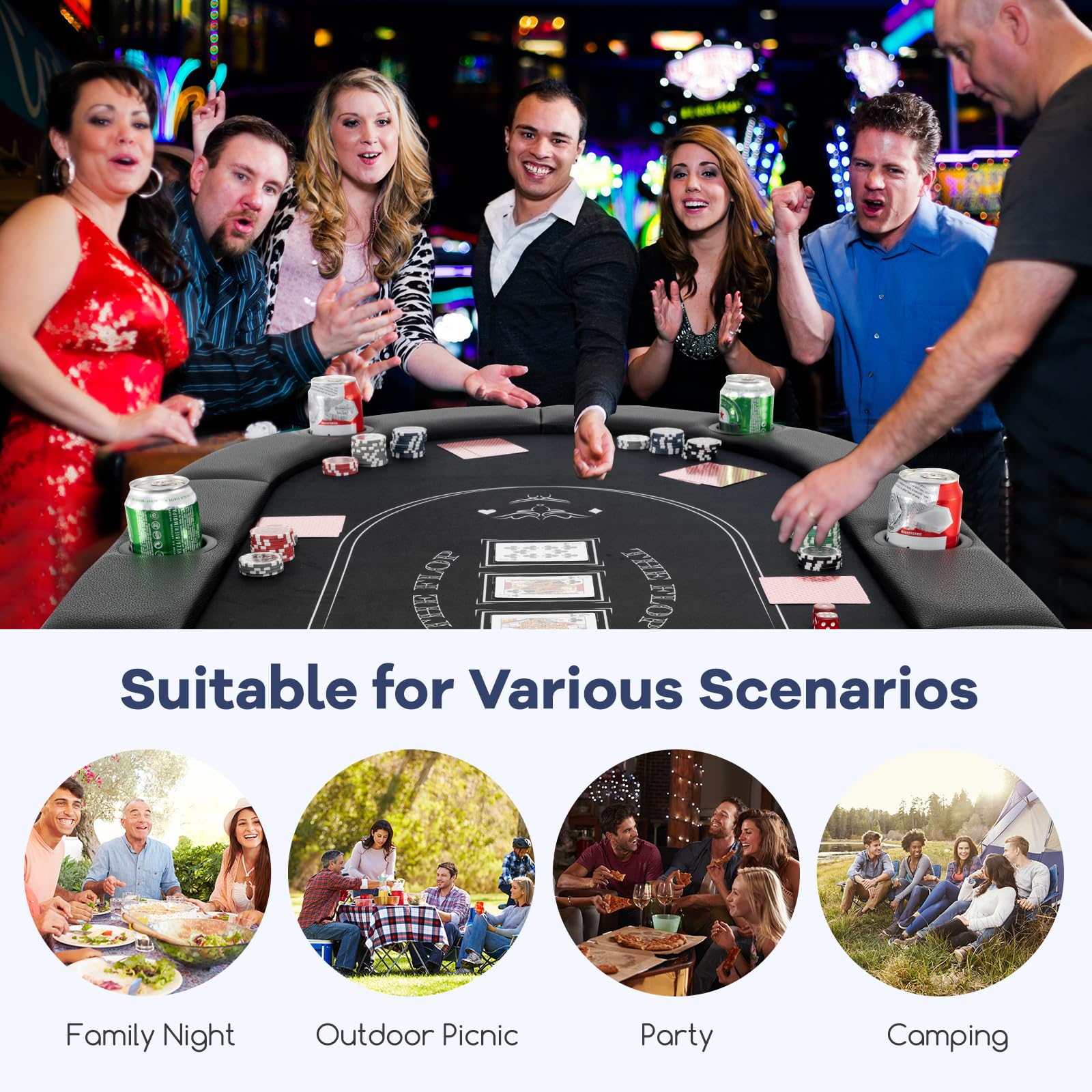 GYMAX Poker Table Foldable, 8-Player Texas Holdem Poker Table with Metal Cup Holders, Casino Grade Felt & Padded Rails, Portable Folding Poker Table for Leisure Game, Homes, Game Rooms (Black)