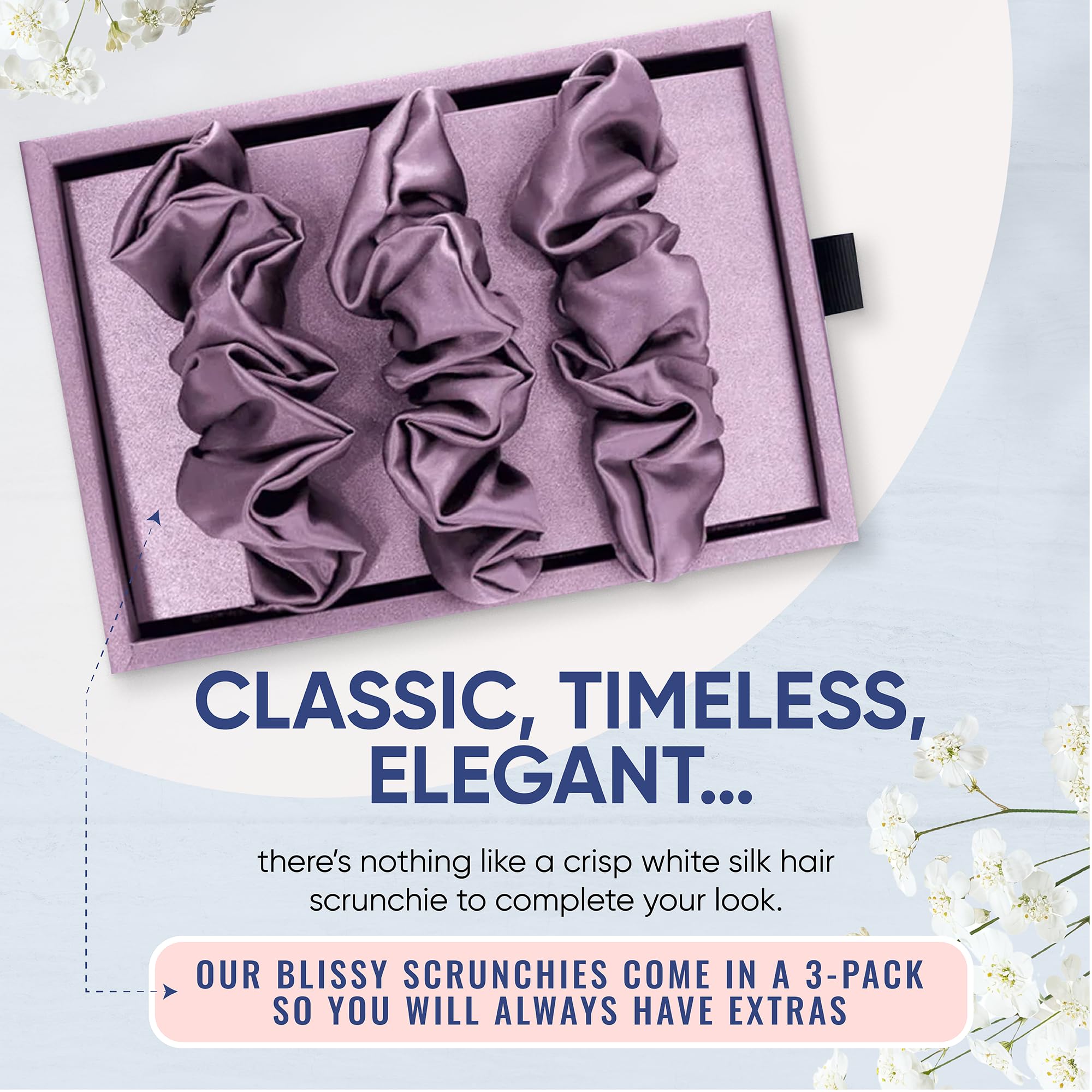 Blissy Silk Scrunchies (3 Pack) - 100% Pure Mulberry Silk - 22 Momme 6A High-Grade Fibers - Silk Scrunchie for Straight & Curly Hair - Preventing Breakage, Tangling, & Creasing (Rose Skinny)