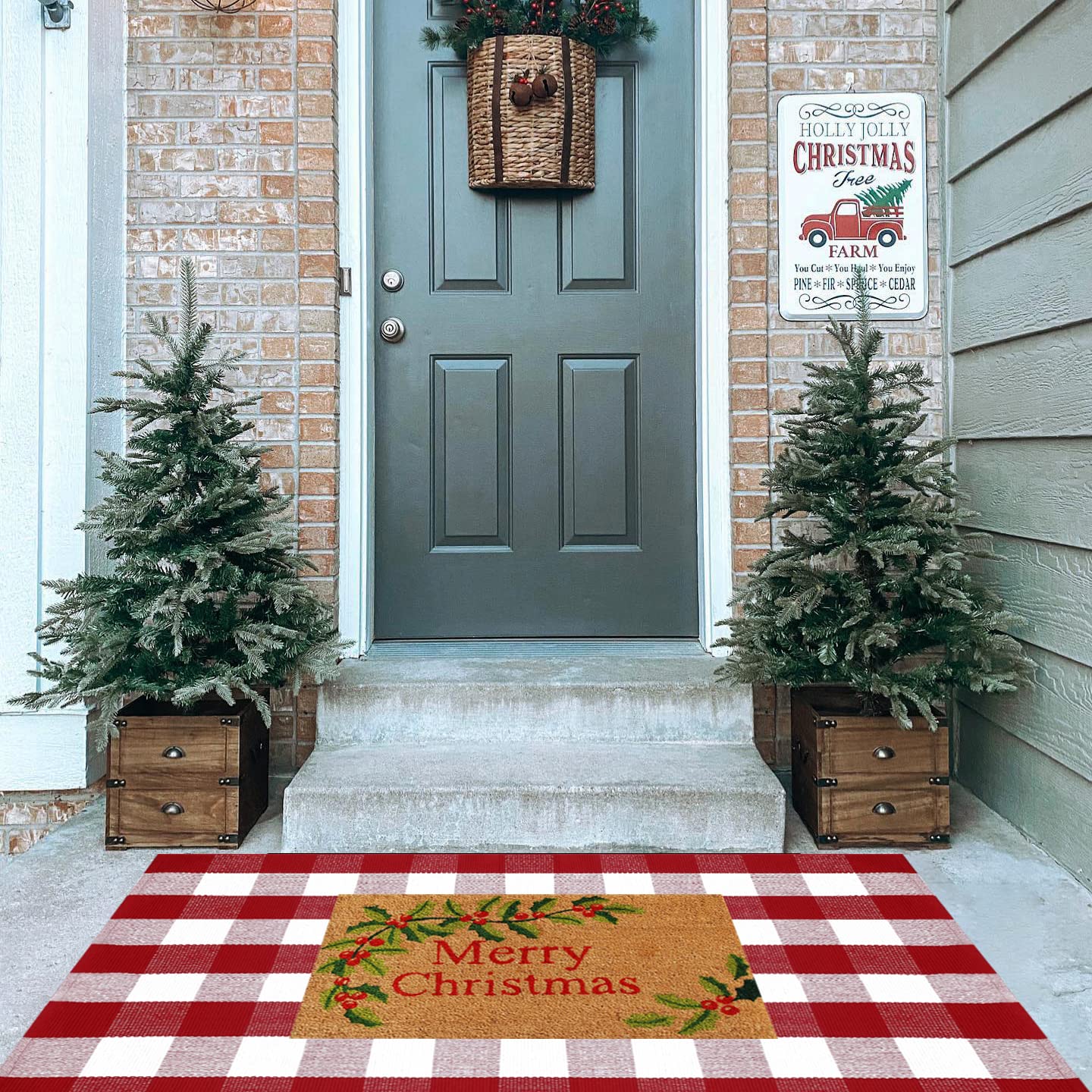 Christmas Red and White Plaid Rug - 28 x 43 Inches Outdoor Front Door Decor Mat Cotton Washable Hand-Woven Rug Christmas New Year Holiday Porch Entryway Layered Doormat
