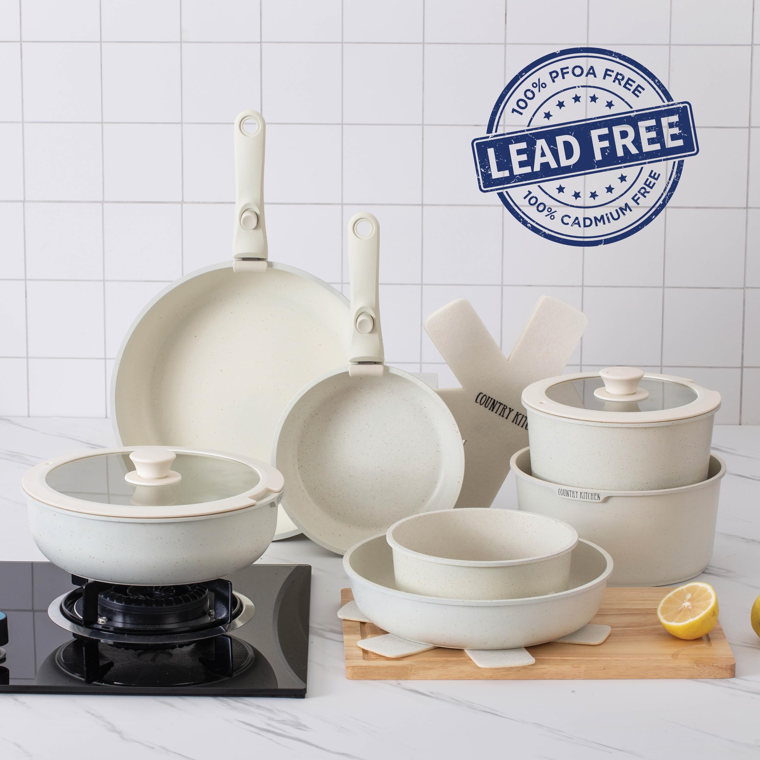 Country Kitchen Cookware Set with Removable Handle, Oven & RV Safe Pots and Pans Set, Cream, Deluxe Larger Set