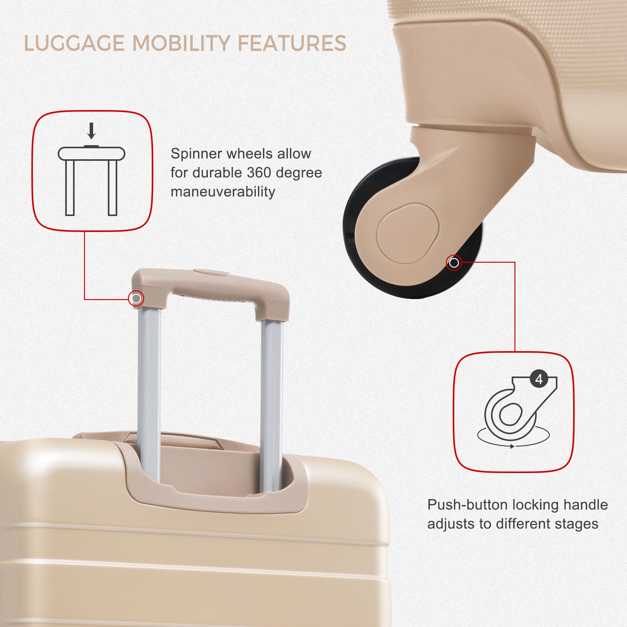 Merax 3 Pcs ABS Hardside Luggage Sets TSA Lock Spinner Wheel Suitcases, Pearly White, 20/24/28 Inch