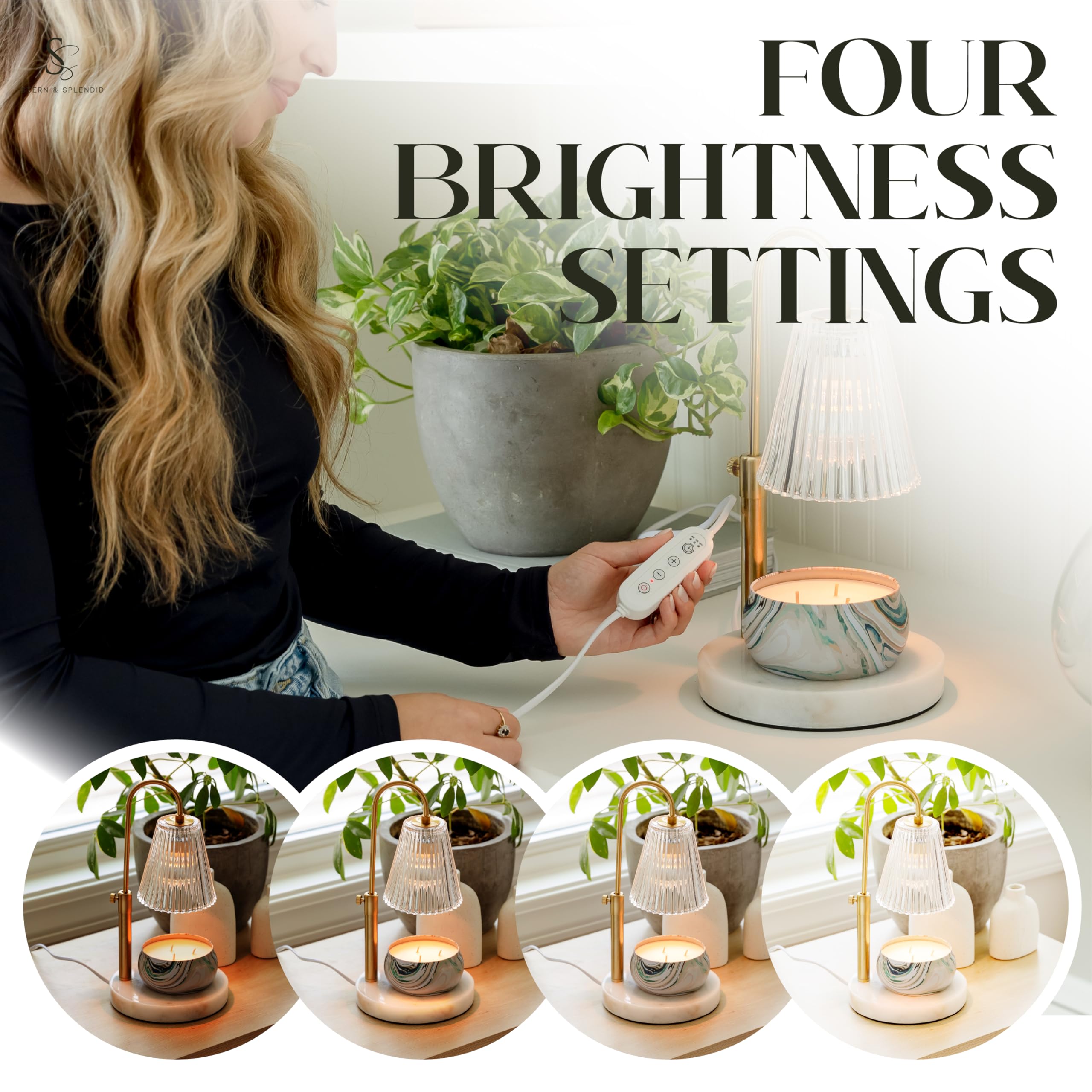 Flameless Candle Warmer Lamp for Jar Candles Large & Small – Dimmable Lamp Candle Warmer Electric with Large Marble Base & Adjustable Height – Candle Melter with Timer and 4 Halogen Light Bulbs