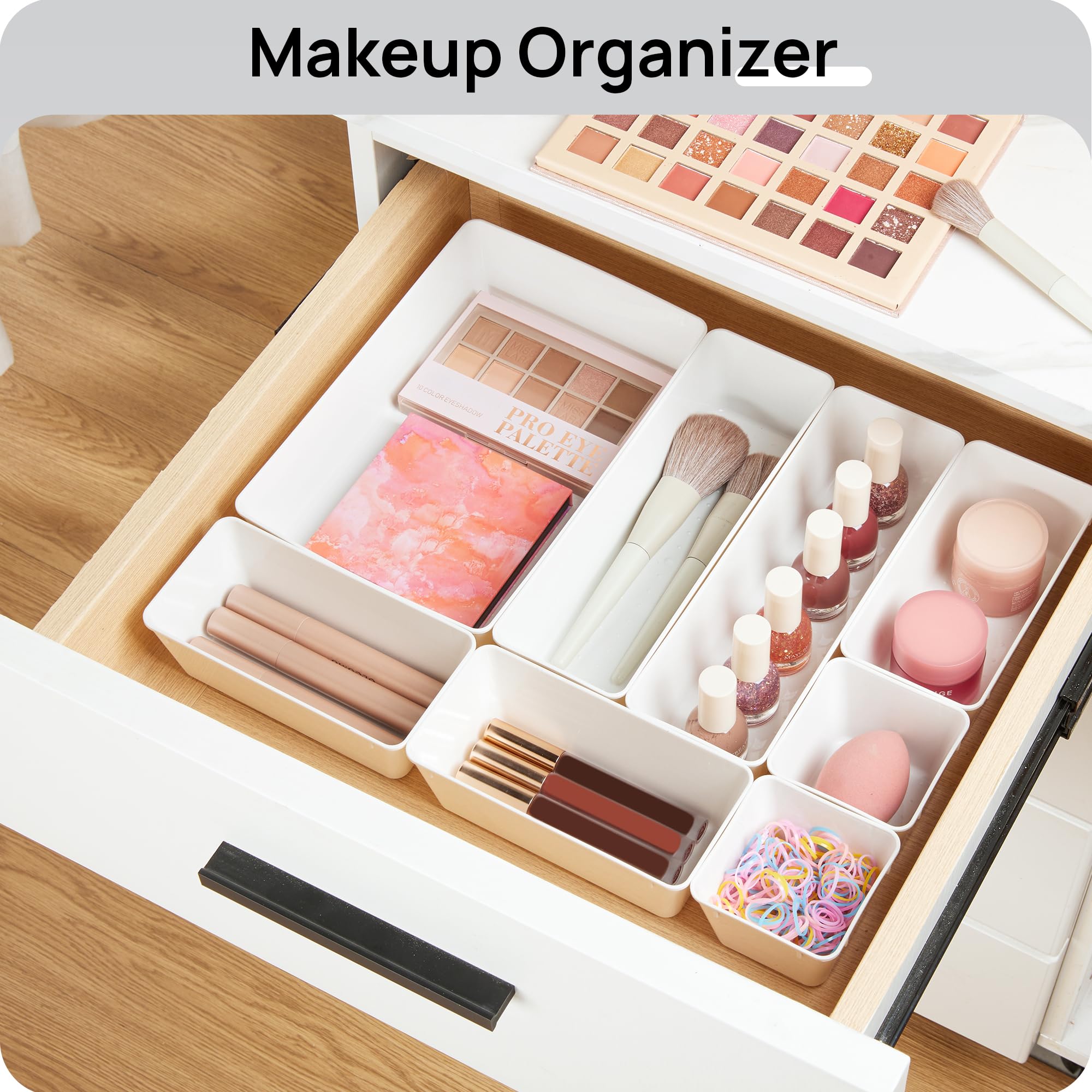 Vtopmart 25 PCS Clear Plastic Drawer Organizers Set, 4-Size Versatile Bathroom and Vanity Drawer Organizer Trays, Storage Bins for Makeup, Bedroom, Kitchen Gadgets Utensils and Office