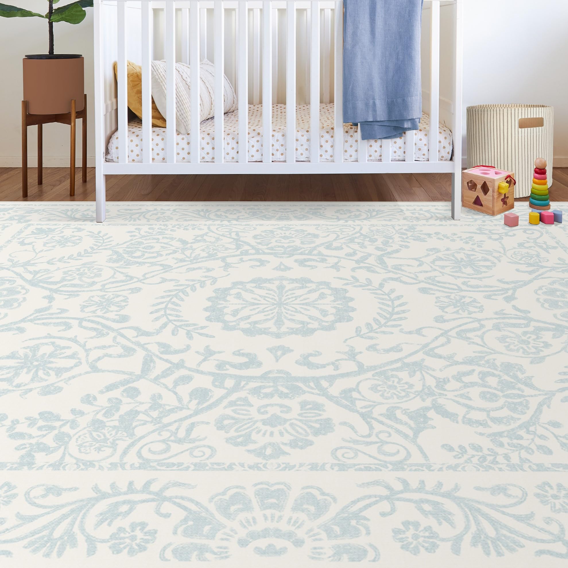 RUGGABLE Washable 2x3 Area Rug, Delphina Delft Blue, Premium Vintage Rugs for Living Room, Bedroom, Kitchen, Office, Classroom with Gripper Non Slip Pad