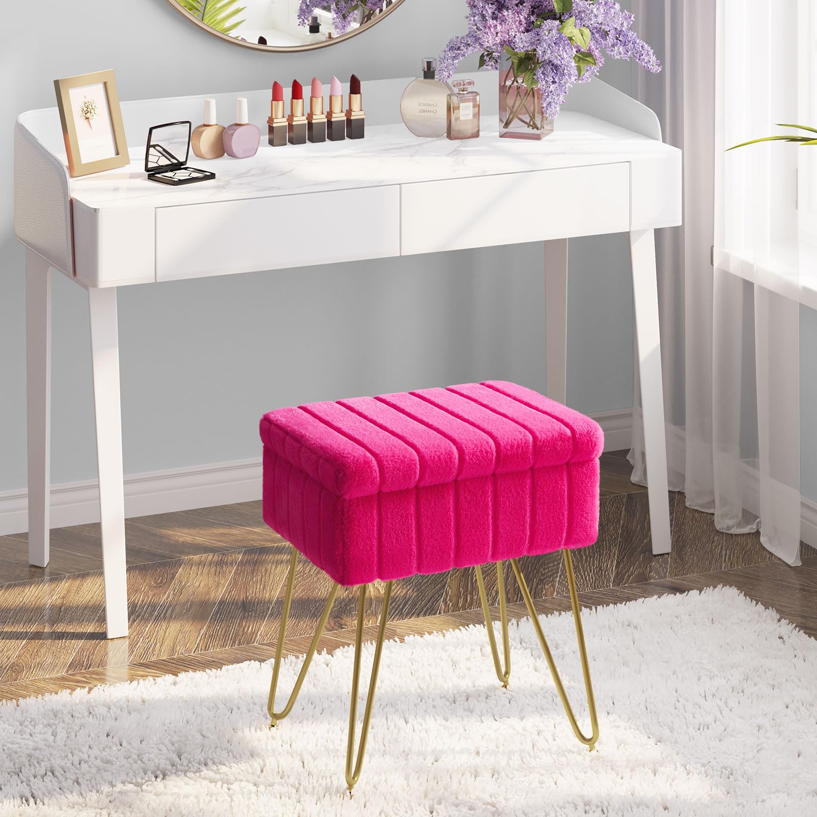 Greenstell Vanity Stool Chair Faux Fur with Storage, 19.4" H x 15.7" L x 11.8" W Soft Ottoman 4 Metal Legs with Anti-Slip Feet, Furry Padded Seat, Modern Multifunctional Chairs for Makeup, Bedroom