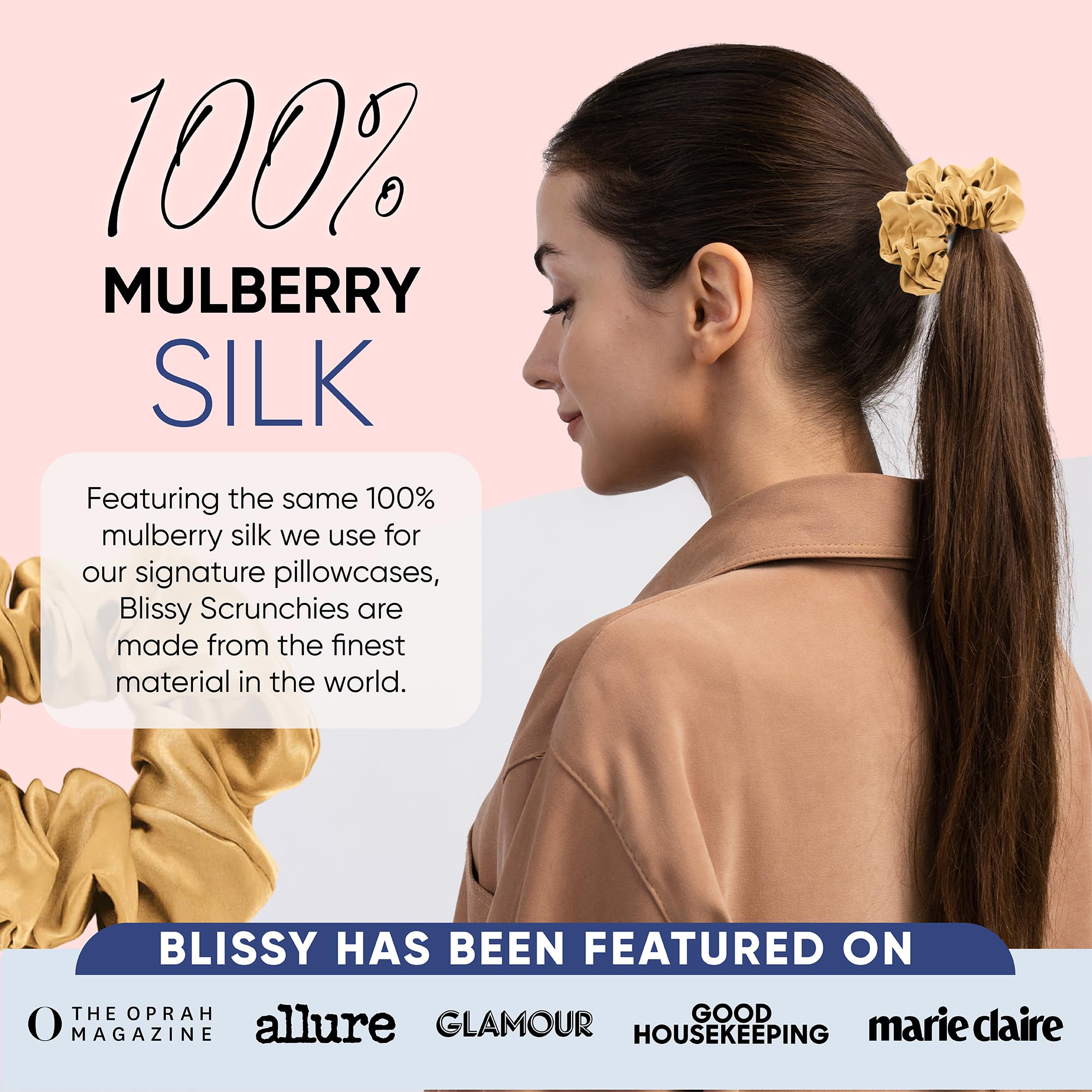 Blissy Silk Scrunchies (3 Pack) - 100% Pure Mulberry Silk - 22 Momme 6A High-Grade Fibers - Silk Scrunchie for Straight & Curly Hair - Preventing Breakage, Tangling, & Creasing (Rose Skinny)