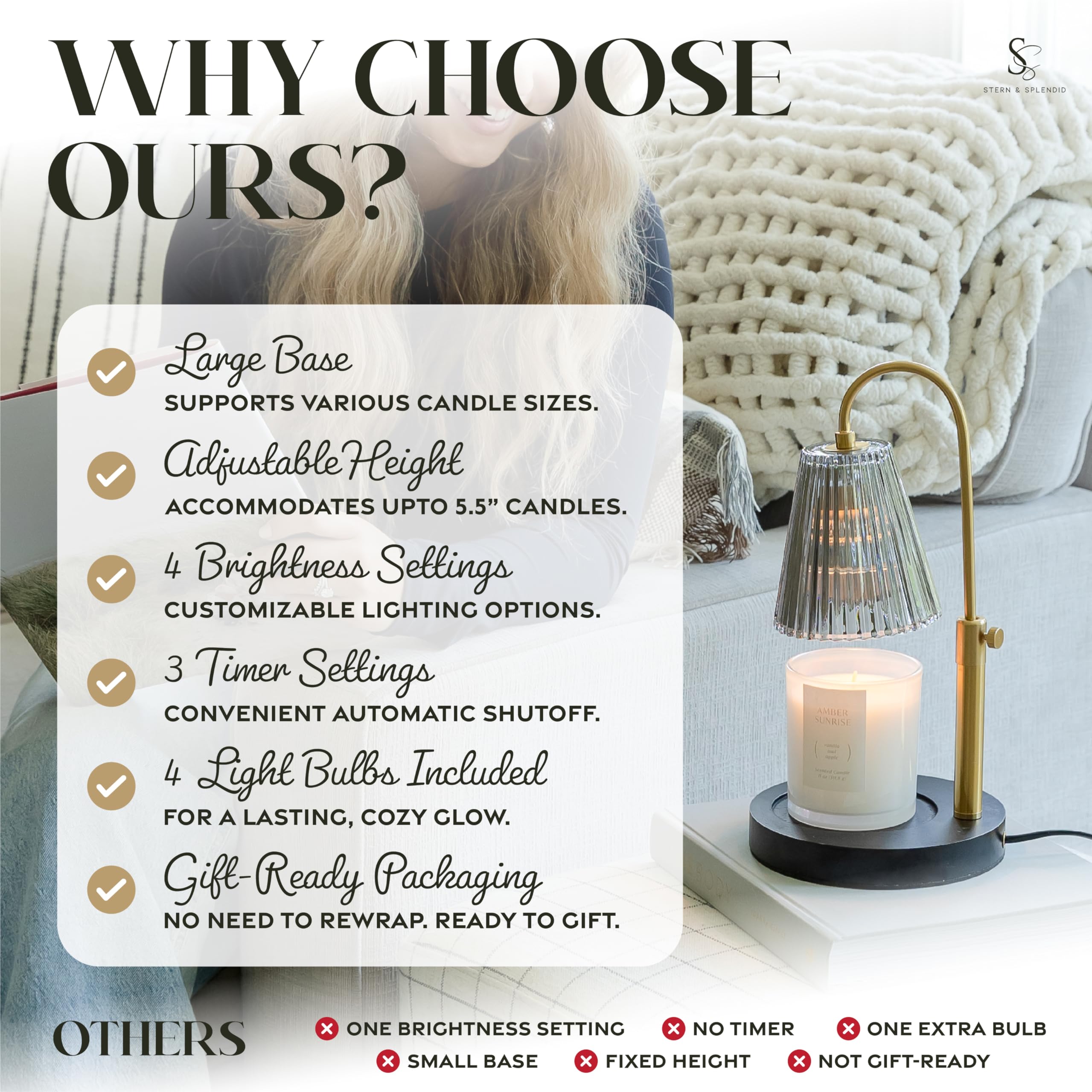 Flameless Candle Warmer Lamp for Jar Candles Large & Small – Dimmable Lamp Candle Warmer Electric with Large Marble Base & Adjustable Height – Candle Melter with Timer and 4 Halogen Light Bulbs