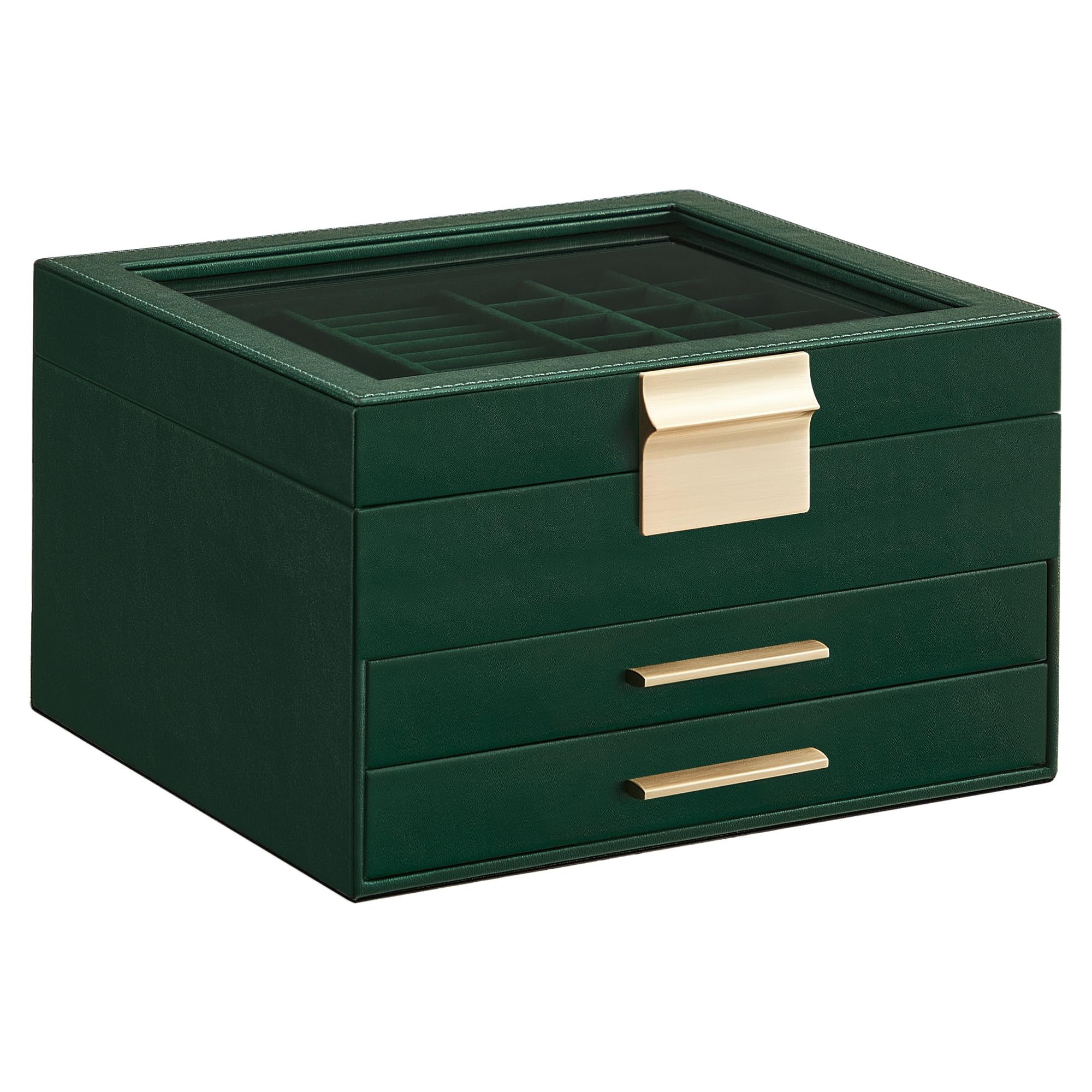 SONGMICS Jewelry Box with Glass Lid, 3-Layer Jewelry Organizer, 2 Drawers, for Big and Small Jewelry, Jewelry Storage, Modern Style, 8 x 9.1 x 5.3 Inches, Cloud White and Gold Color UJBC239WT
