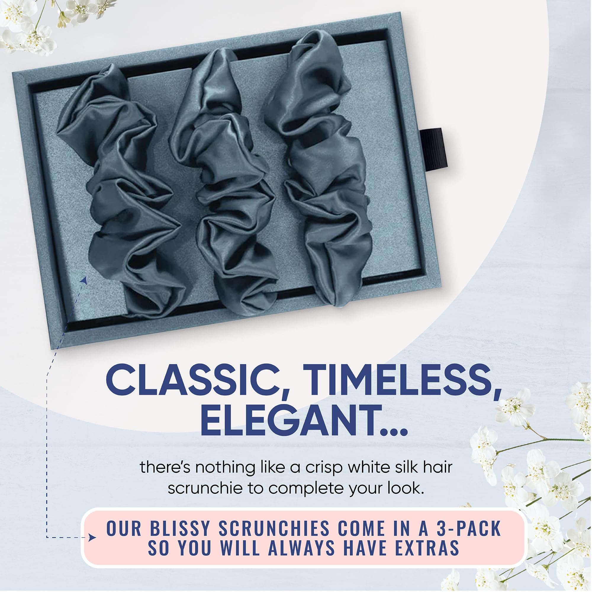 Blissy Silk Scrunchies (3 Pack) - 100% Pure Mulberry Silk - 22 Momme 6A High-Grade Fibers - Silk Scrunchie for Straight & Curly Hair - Preventing Breakage, Tangling, & Creasing (Black Skinny)