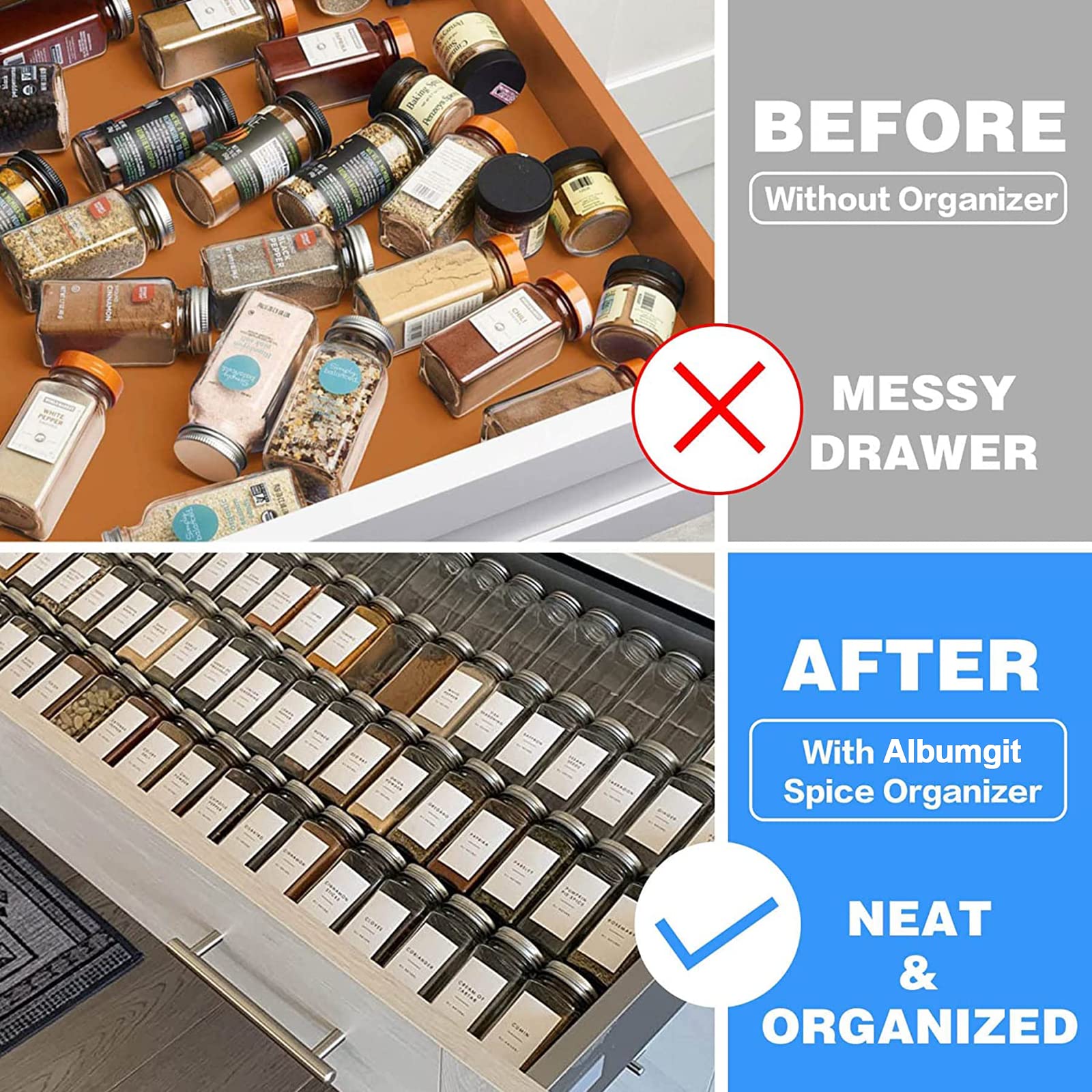 Clear Acrylic Spice Drawer Organizer, 4 Tier- 2 Set Expandable From 33 cm to 66 cm Seasoning Jars Drawers Insert, Kitchen Spice Rack Tray for Drawer/Countertop (Jars and Labels not included)