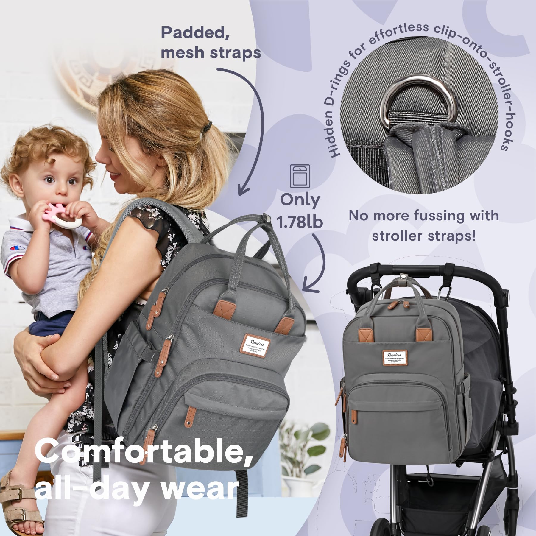 RUVALINO Diaper Bag Backpack, Multifunction Travel Pack Maternity Baby Changing Bags, Large Capacity, Waterproof, Beige