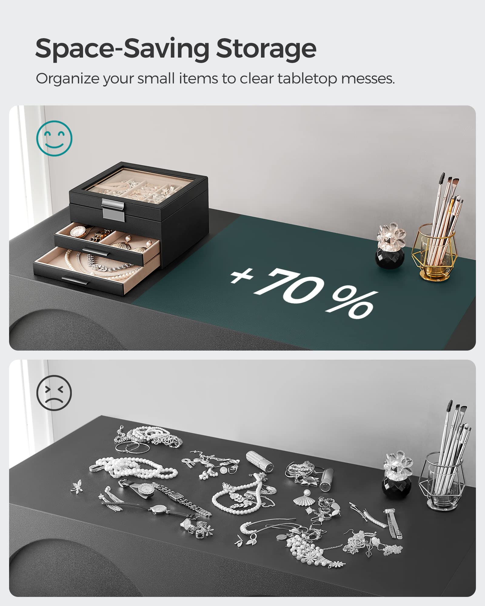SONGMICS Jewelry Box with Glass Lid, 3-Layer Jewelry Organizer, 2 Drawers, for Big and Small Jewelry, Jewelry Storage, Modern Style, 8 x 9.1 x 5.3 Inches, Cloud White and Gold Color UJBC239WT