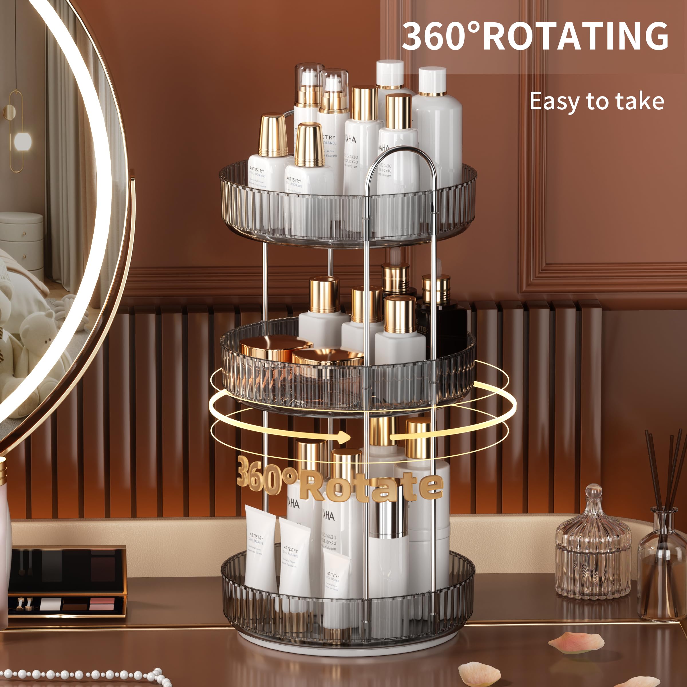 YCIA&DONE 360 Rotating Makeup Organizer and Storage for Vanity Bathroom Countertop, High Capacity Cosmetic Skincare Perfume Organizer for Dresser Lazy Susan Organizers(Clear White,2 Tiers)