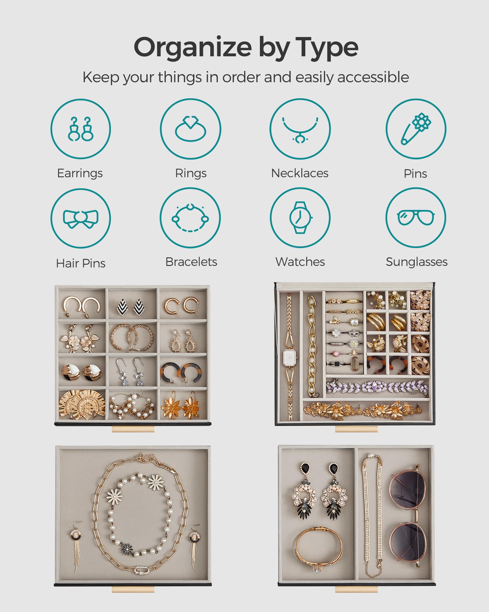 SONGMICS Jewelry Box with Glass Lid, 3-Layer Jewelry Organizer, 2 Drawers, for Big and Small Jewelry, Jewelry Storage, Modern Style, 8 x 9.1 x 5.3 Inches, Cloud White and Gold Color UJBC239WT