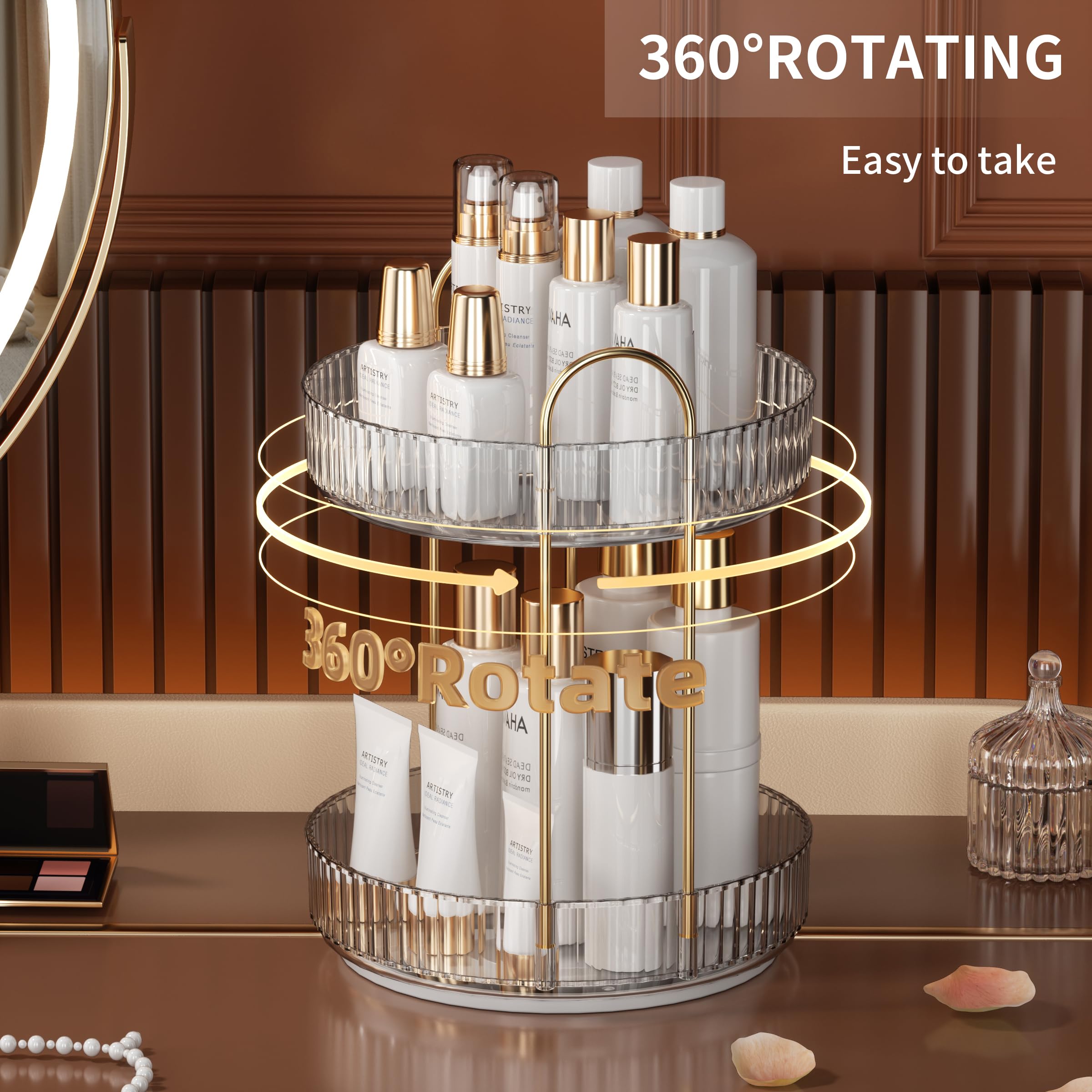 YCIA&DONE 360 Rotating Makeup Organizer and Storage for Vanity Bathroom Countertop, High Capacity Cosmetic Skincare Perfume Organizer for Dresser Lazy Susan Organizers(Clear White,2 Tiers)