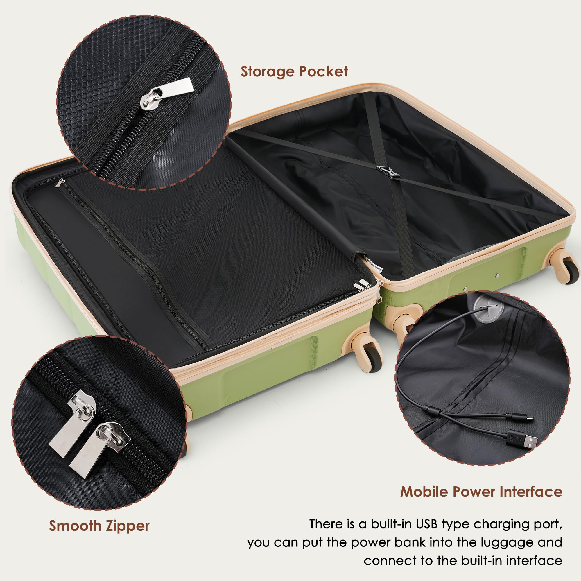 Merax 3 Pcs ABS Hardside Luggage Sets TSA Lock Spinner Wheel Suitcases, Pearly White, 20/24/28 Inch