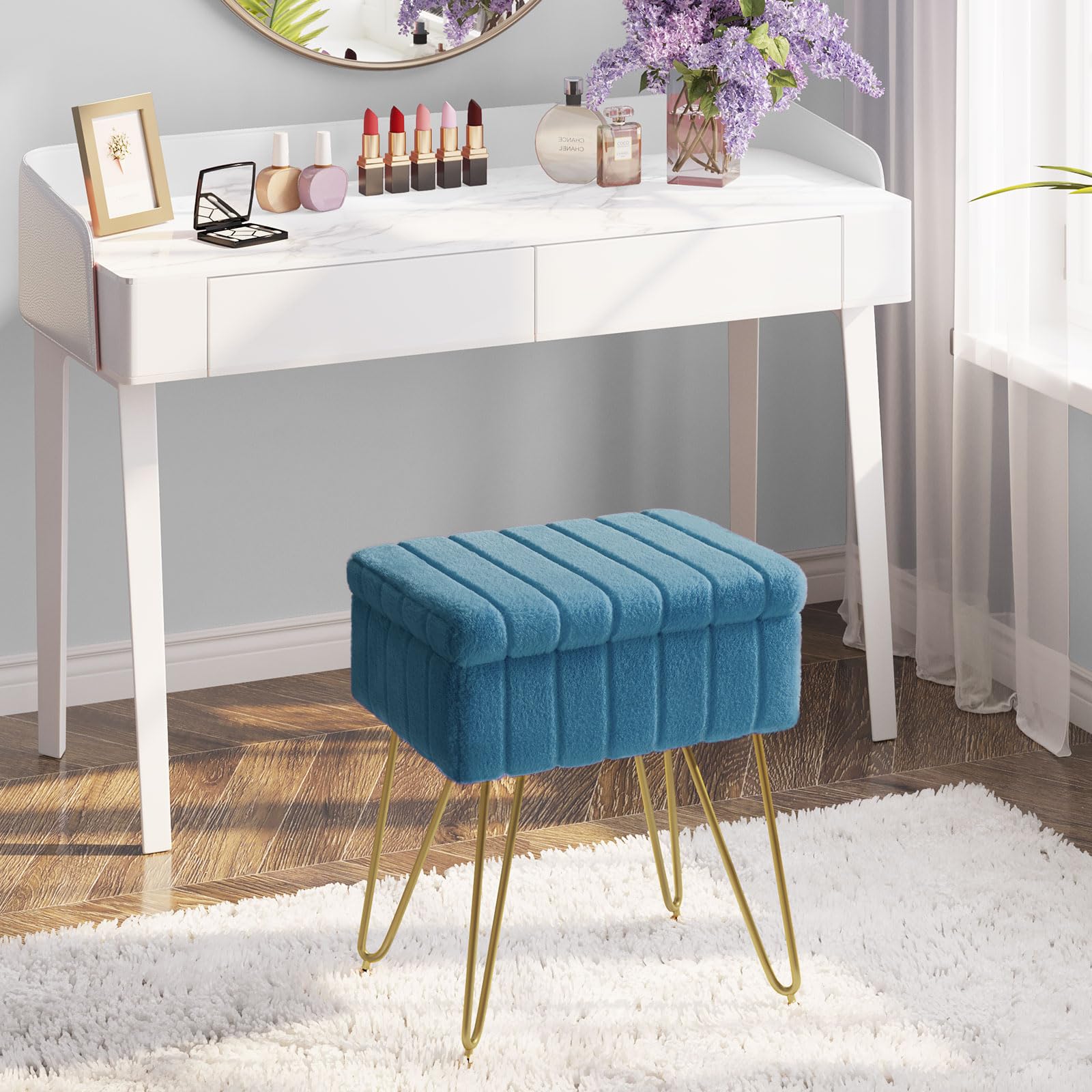 Greenstell Vanity Stool Chair Faux Fur with Storage, 19.4" H x 15.7" L x 11.8" W Soft Ottoman 4 Metal Legs with Anti-Slip Feet, Furry Padded Seat, Modern Multifunctional Chairs for Makeup, Bedroom