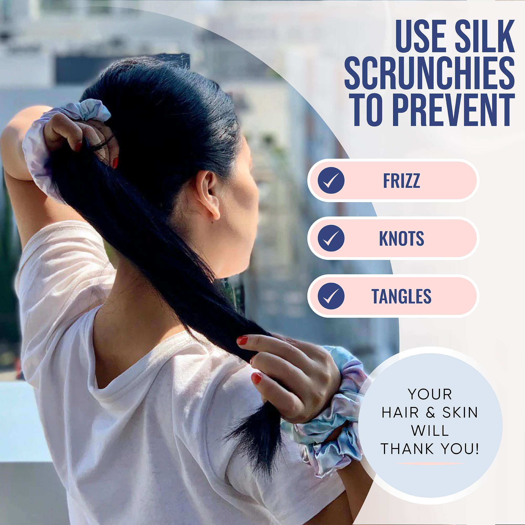 Blissy Silk Scrunchies (3 Pack) - 100% Pure Mulberry Silk - 22 Momme 6A High-Grade Fibers - Silk Scrunchie for Straight & Curly Hair - Preventing Breakage, Tangling, & Creasing (Rose Skinny)