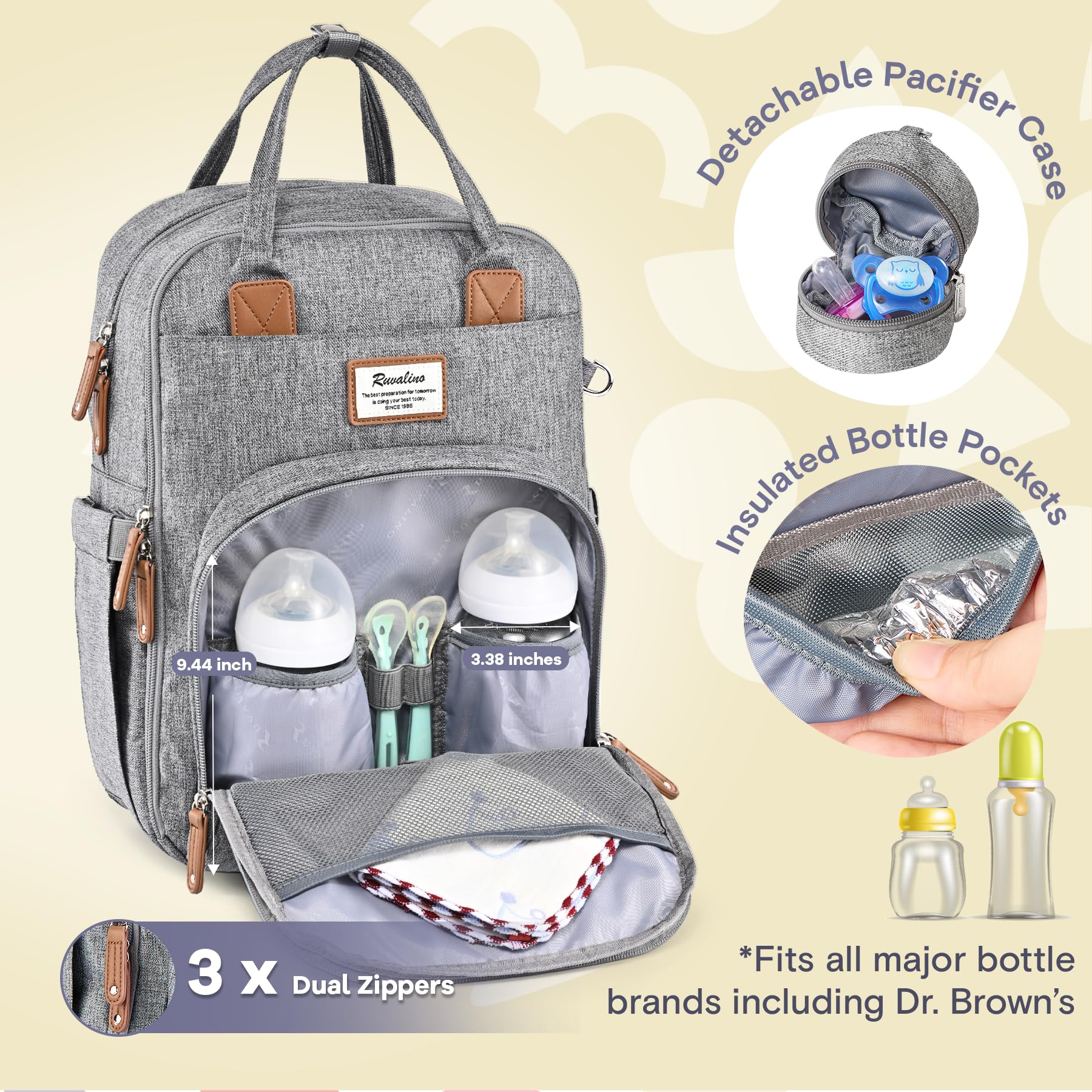 RUVALINO Diaper Bag Backpack, Multifunction Travel Pack Maternity Baby Changing Bags, Large Capacity, Waterproof, Beige
