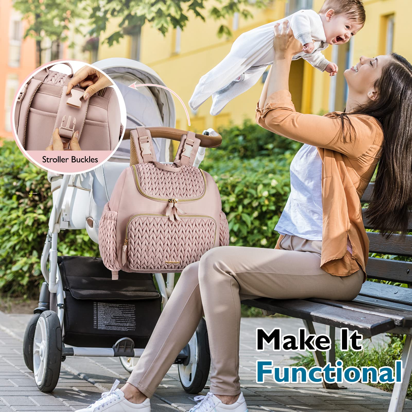 mommore Diaper Bag Small Diaper Backpack Stylish Baby Backpacks Travel Mini Maternity Bags with Insulated Pockets, Changing Pad, Stroller Straps