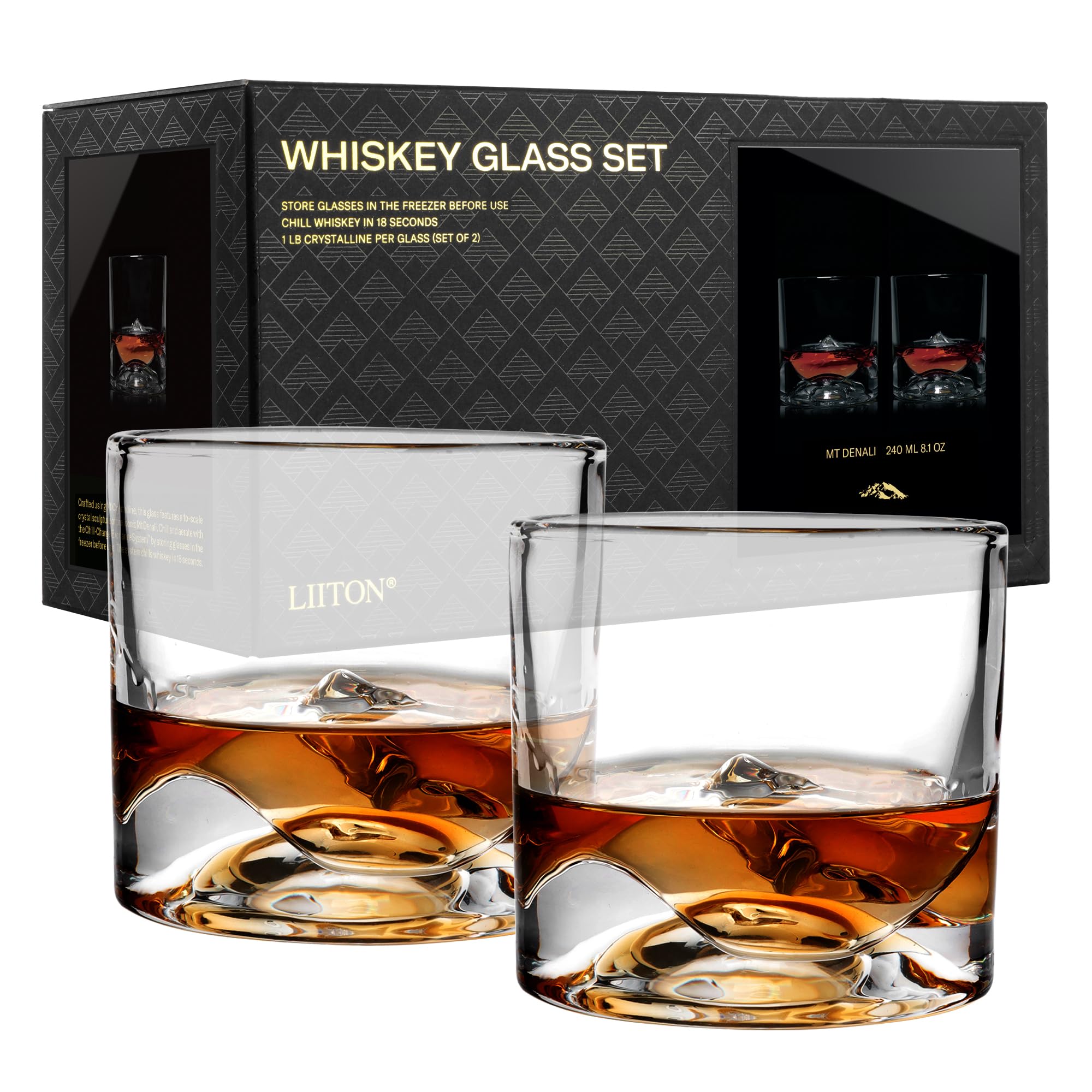 LIITON Heavy Crystal Whiskey Glasses Gift Set, Thick Freezable Bourbon Glass 1lb Each, Premium Whiskey Gifts for Men, Frozen Crystal Chills Cocktails Featuring Grand Canyon Glasses Set of 2, 10 oz