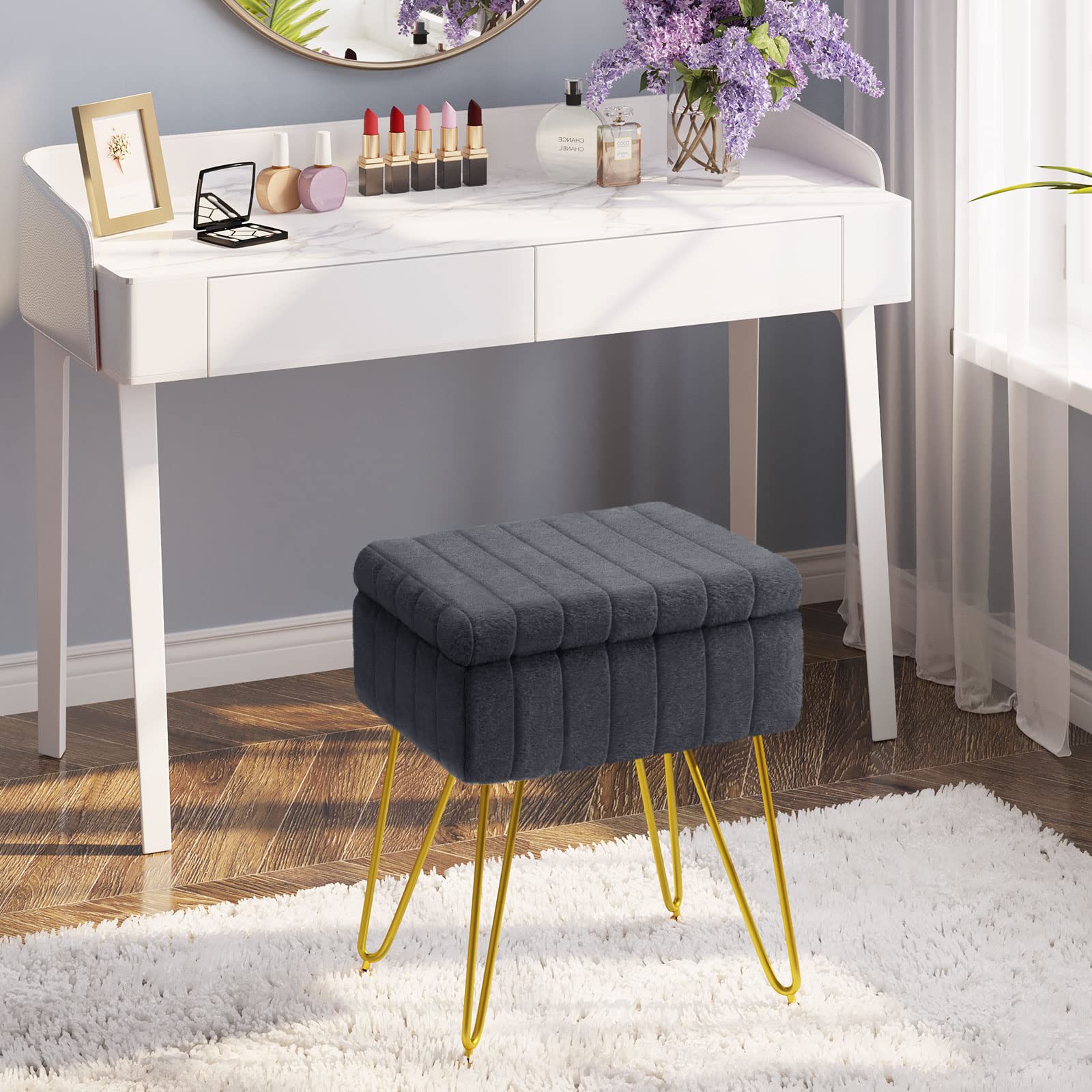 Greenstell Vanity Stool Chair Faux Fur with Storage, 19.4" H x 15.7" L x 11.8" W Soft Ottoman 4 Metal Legs with Anti-Slip Feet, Furry Padded Seat, Modern Multifunctional Chairs for Makeup, Bedroom