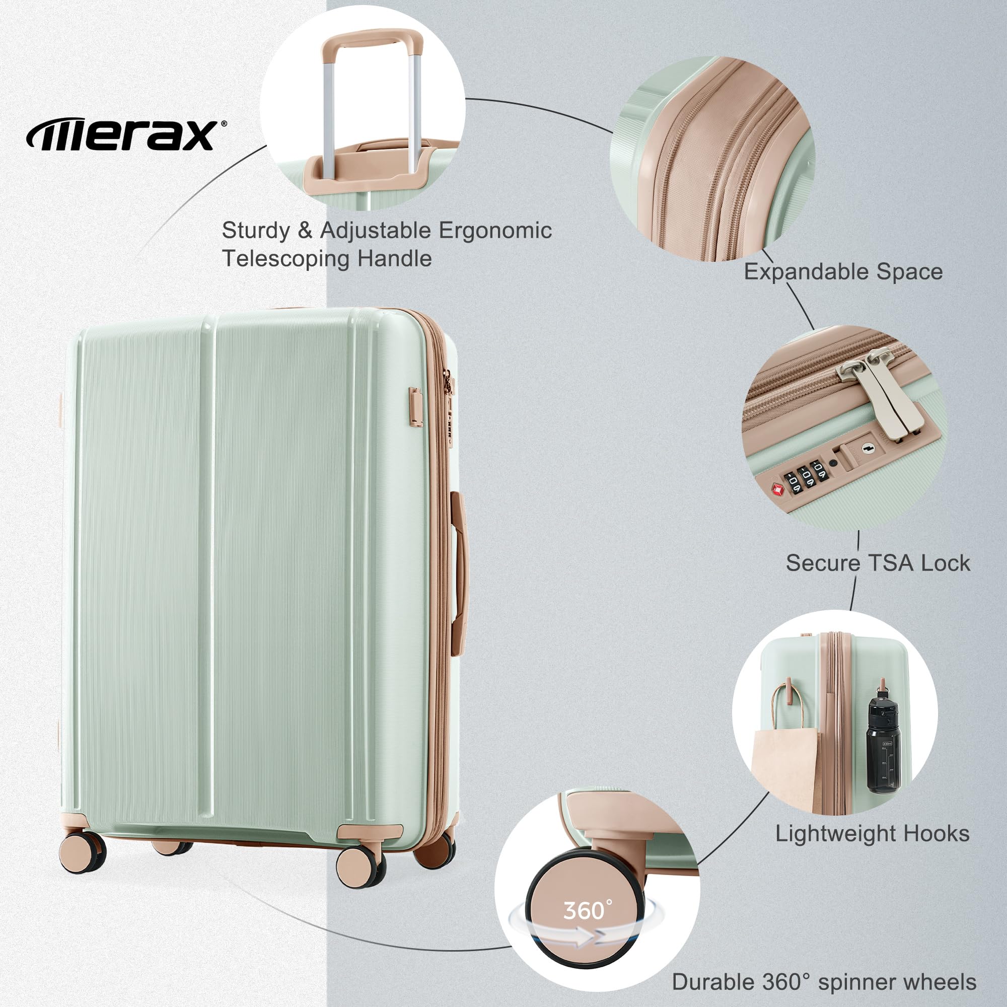 Merax 3 Pcs ABS Hardside Luggage Sets TSA Lock Spinner Wheel Suitcases, Pearly White, 20/24/28 Inch