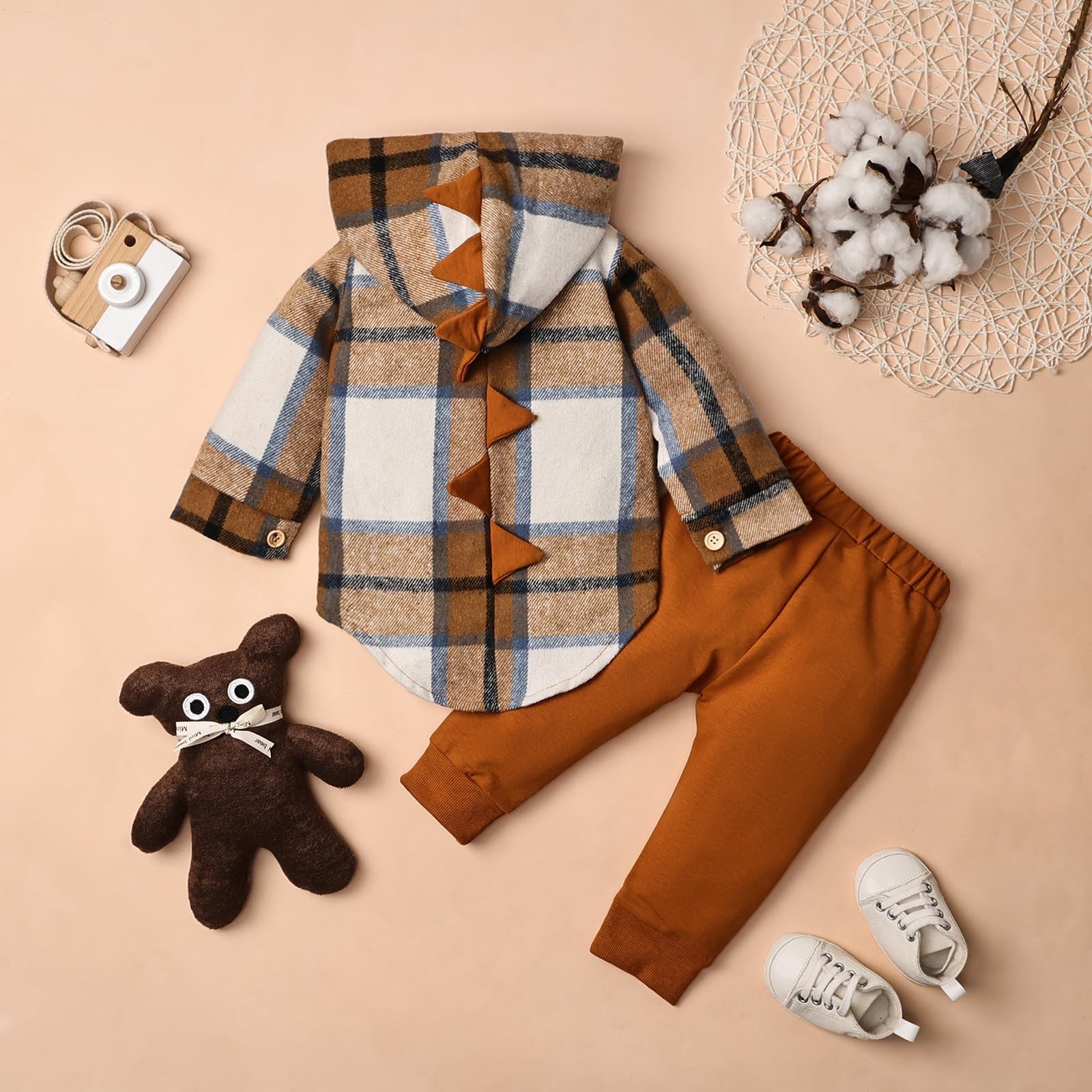 Toddler Baby Boy Clothes Long Sleeve Dinosaur Plaid Hoodie Sweatshirt + Pocket Pants Set 6 Months-4 Years