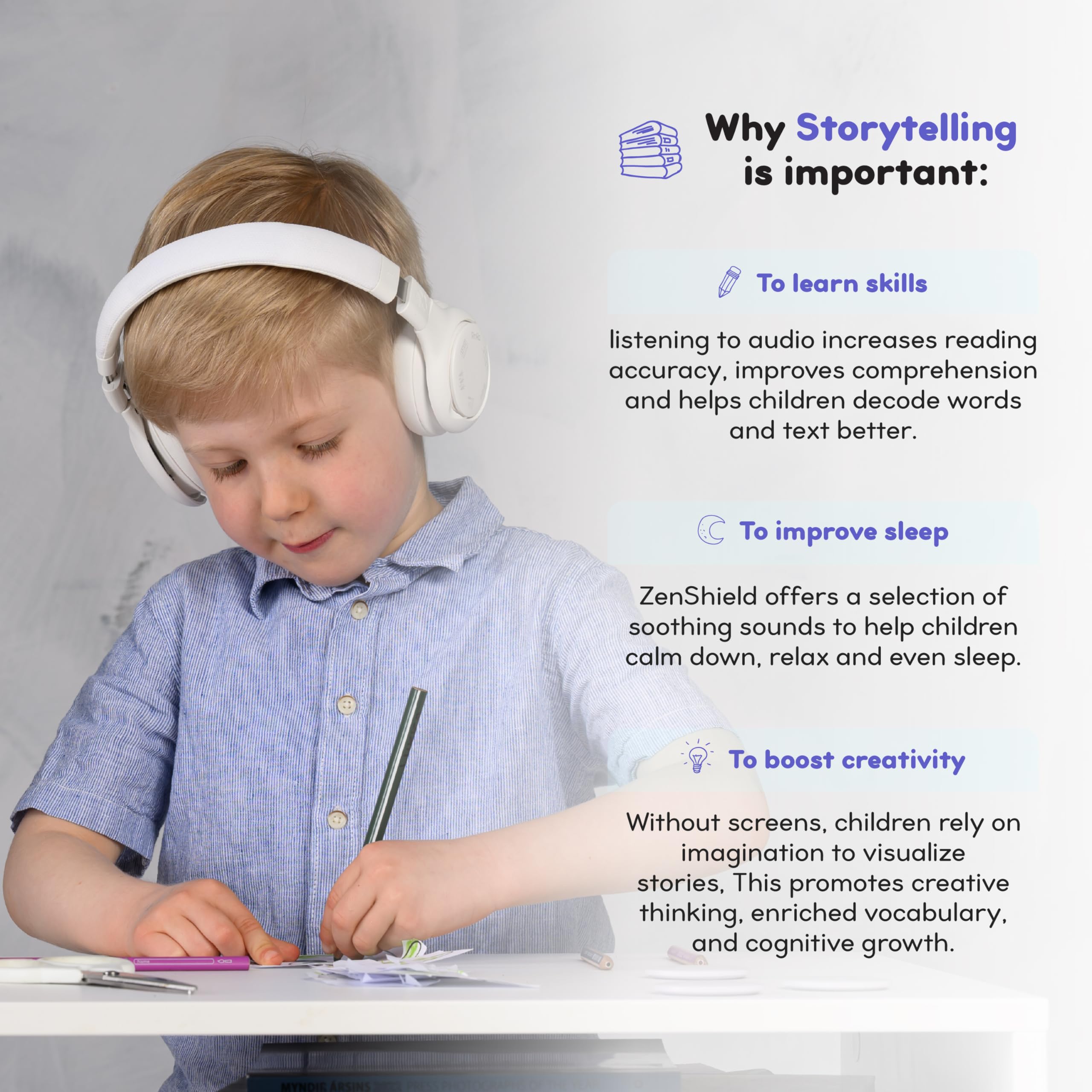 StoryPhones Storytelling Headphones for Kids - Screen-Free Entertainment Experience for Stories, Music and Boost Creativity, Grey