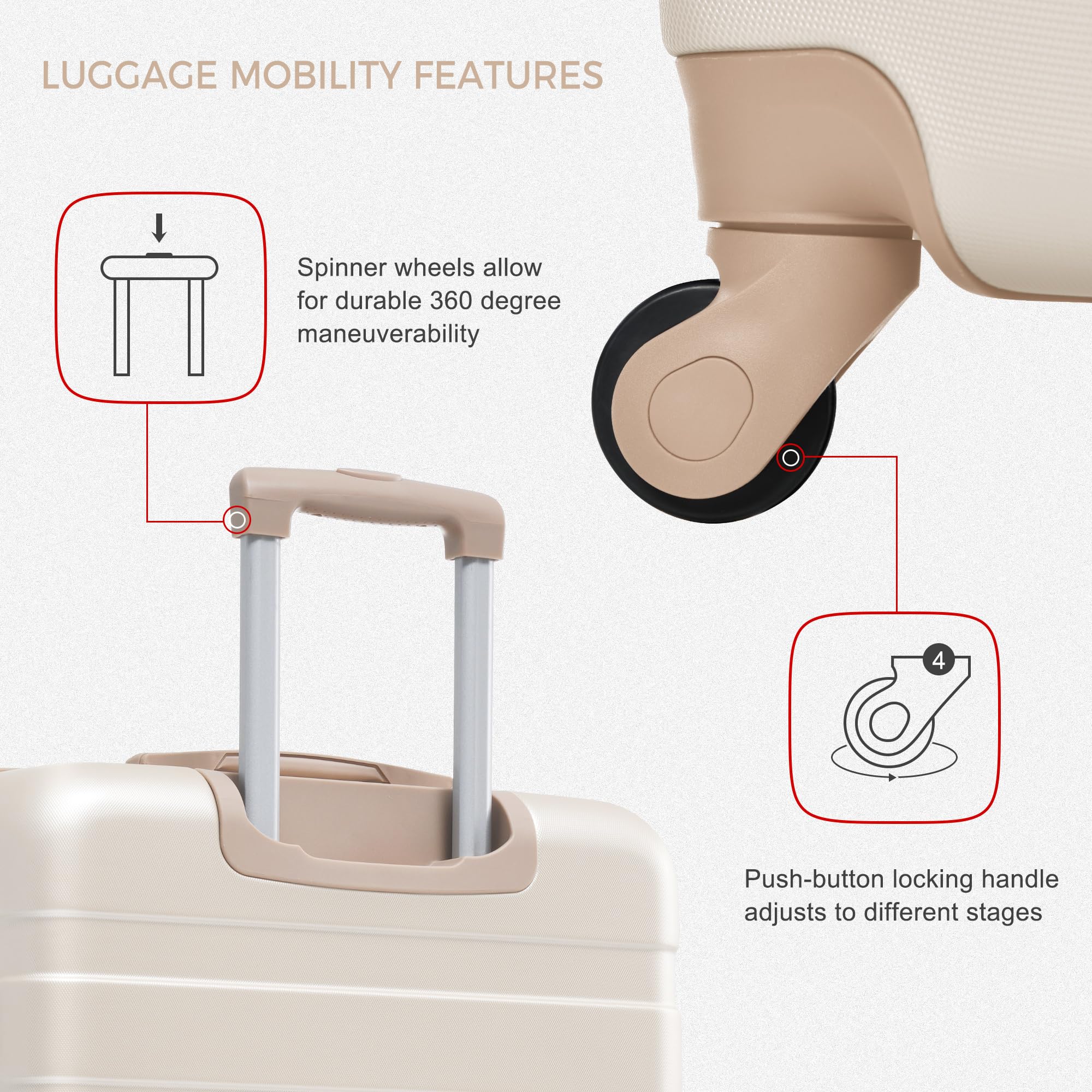 Merax 3 Pcs ABS Hardside Luggage Sets TSA Lock Spinner Wheel Suitcases, Pearly White, 20/24/28 Inch